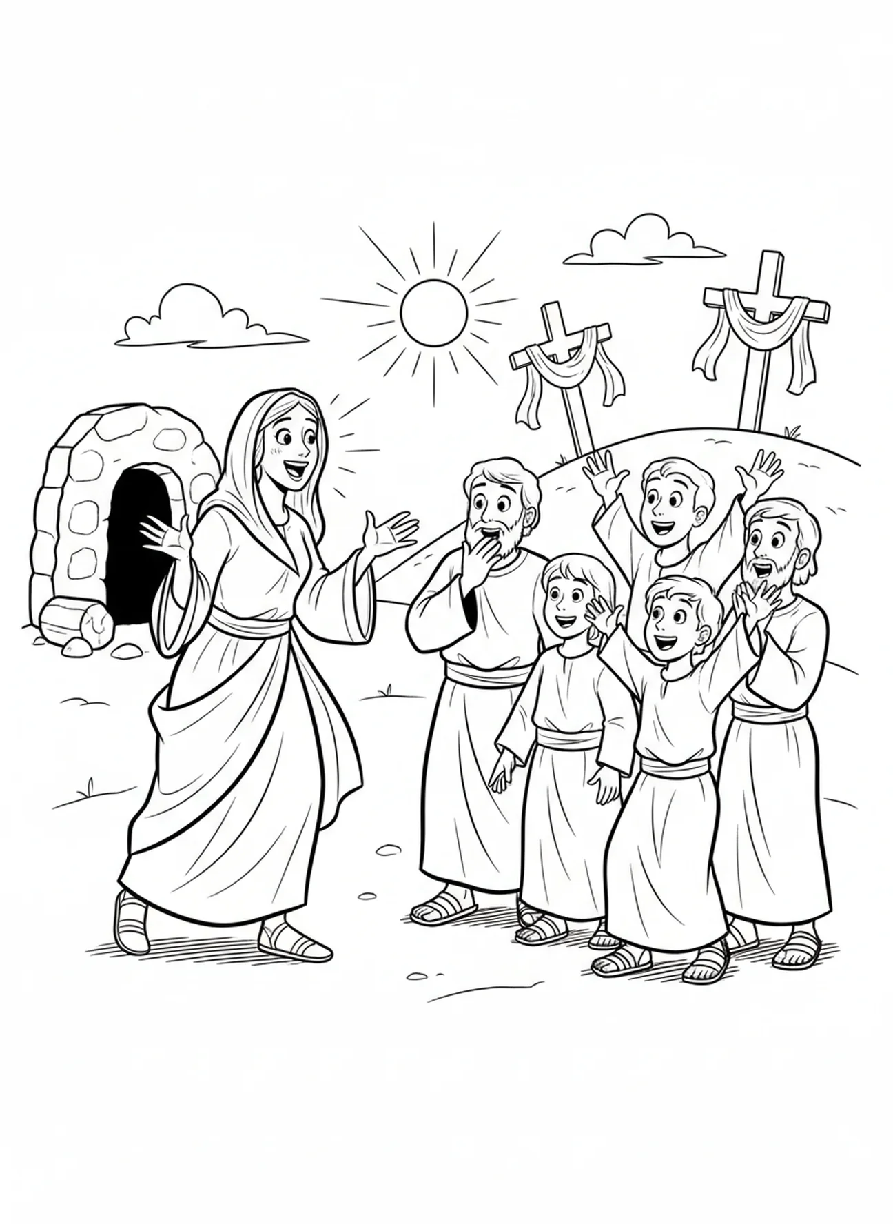 Maria Magdalena teilt die Botschaft, Ausmalbild von Maria Magdalena für Kinder im Alter von 5-10 Jahren.