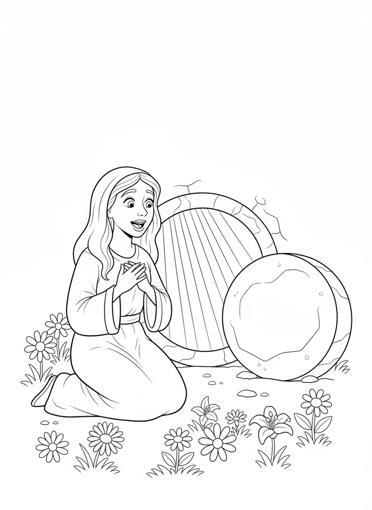 Maria Magdalena schaut auf das leere Grab, Ausmalbild von Maria Magdalena für Kinder im Alter von 5-10 Jahren.
