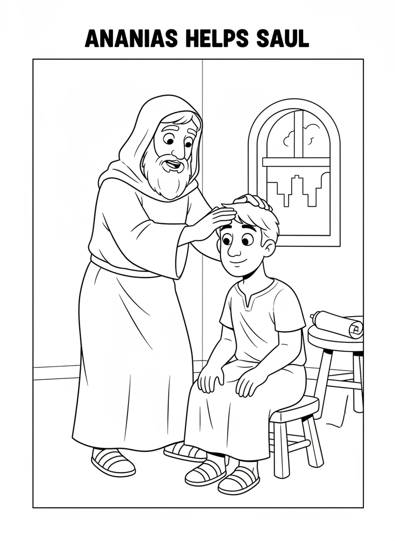 Ananias berührt sanft Paulus, Ausmalbild zur Bekehrung von Paulus für Kinder im Alter von 5-10 Jahren