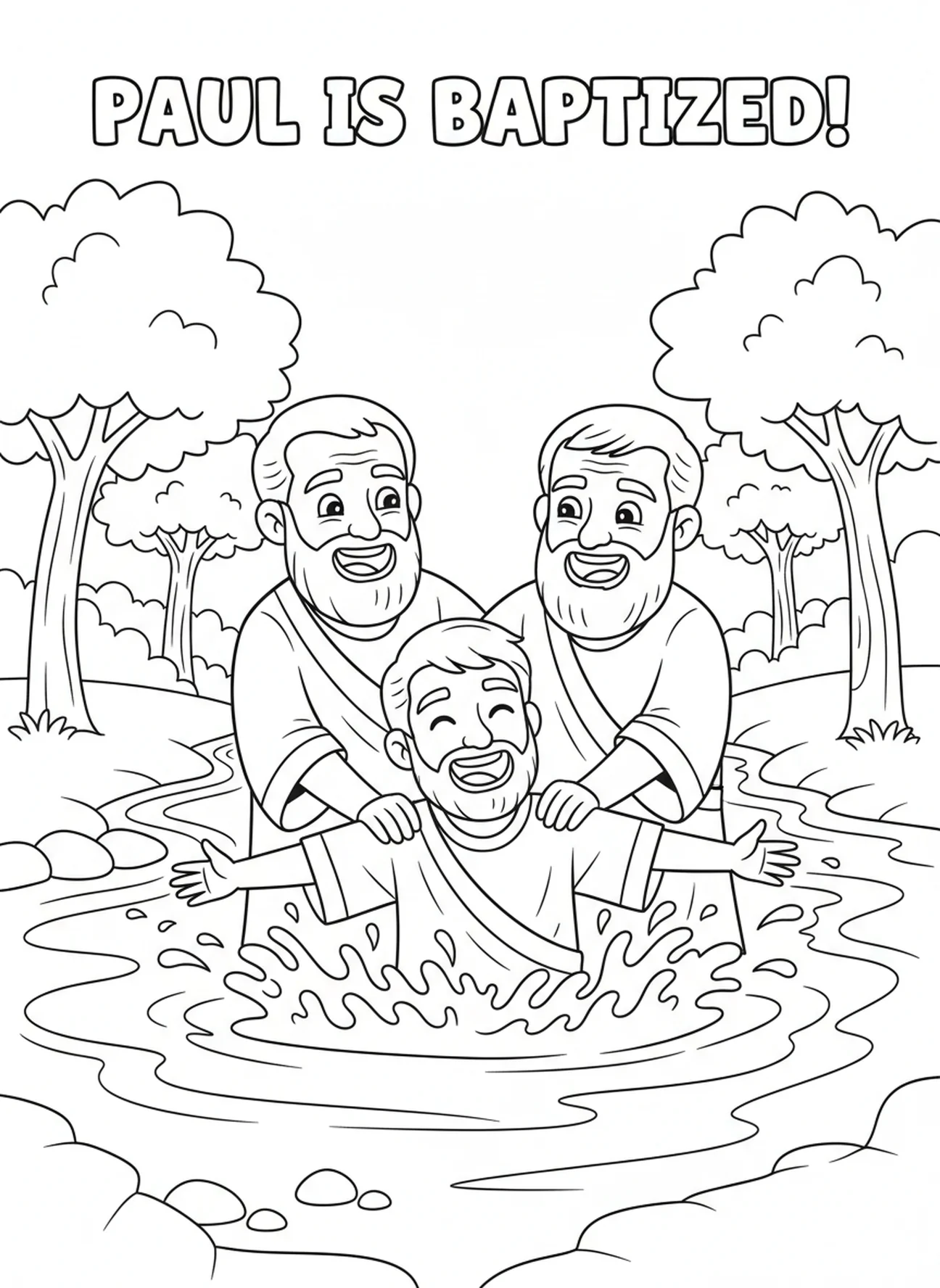 Freudige Taufszene mit Paulus und Ananias, Ausmalbild zur Bekehrung des Paulus für Kinder im Alter von 5-10 Jahren
