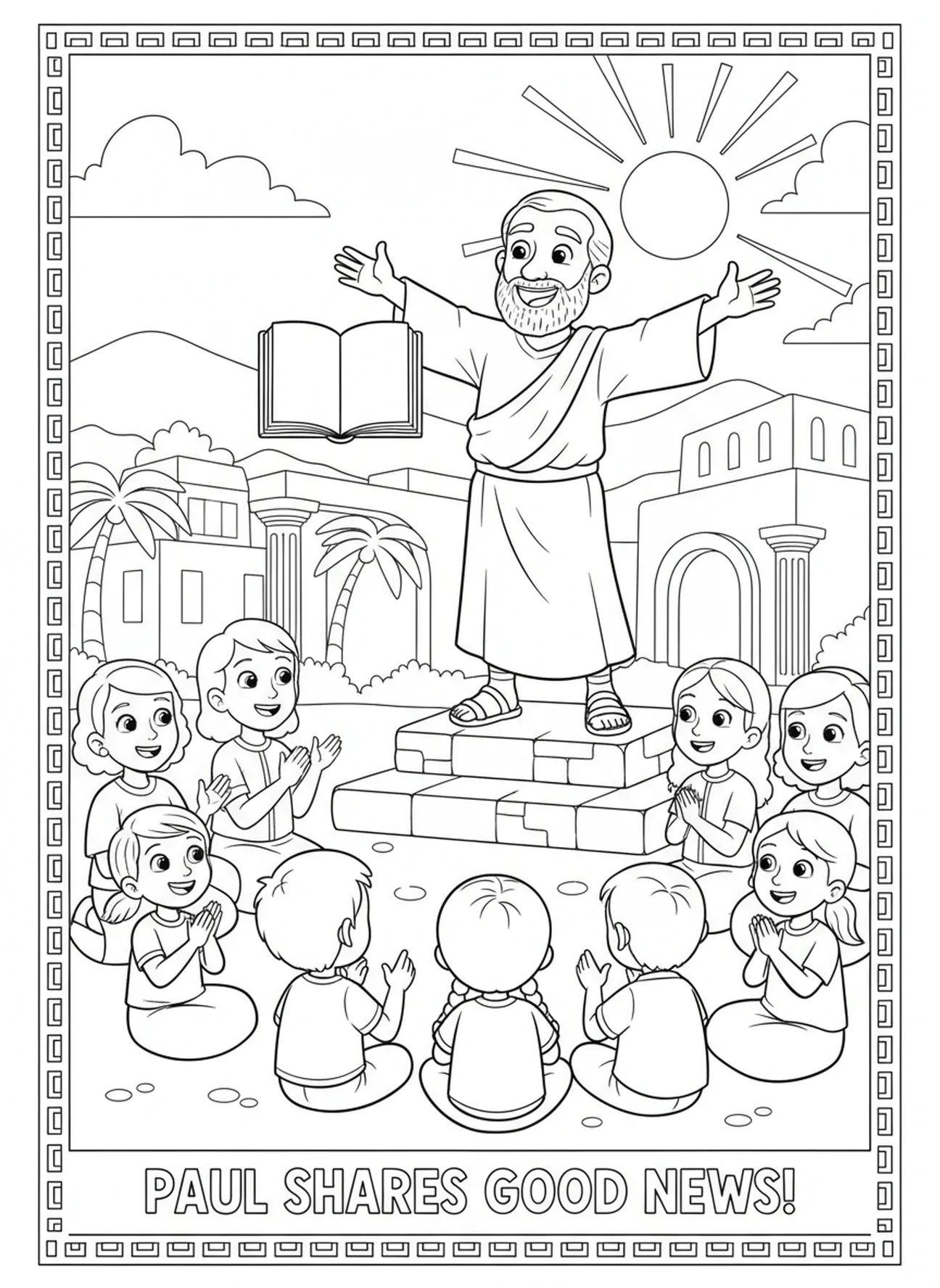 Der fröhliche Paulus predigt zu einer Menge, Ausmalbild zur Bekehrung des Paulus für Kinder im Alter von 5-10 Jahren