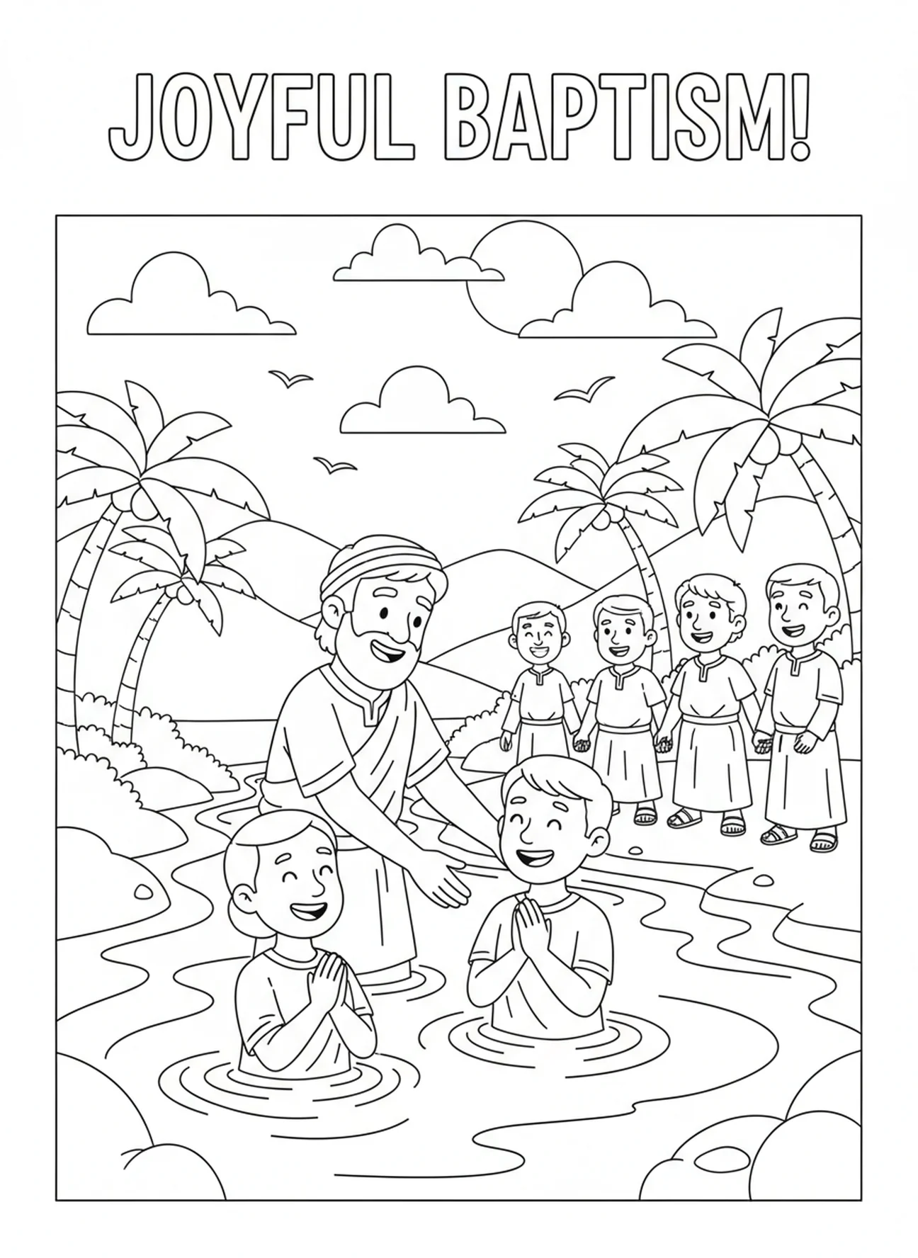 Disciples baptizing believers, Pentecost coloring page for kids age 5-10