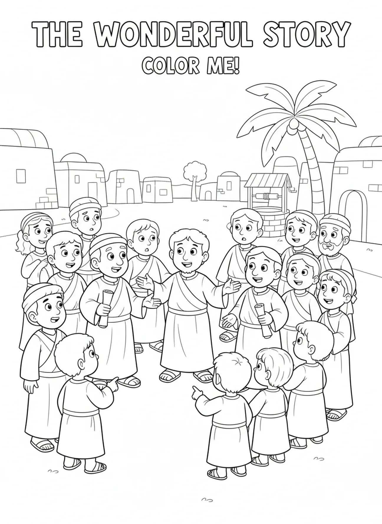 Curious crowd around disciples, Pentecost coloring page for kids age 5-10