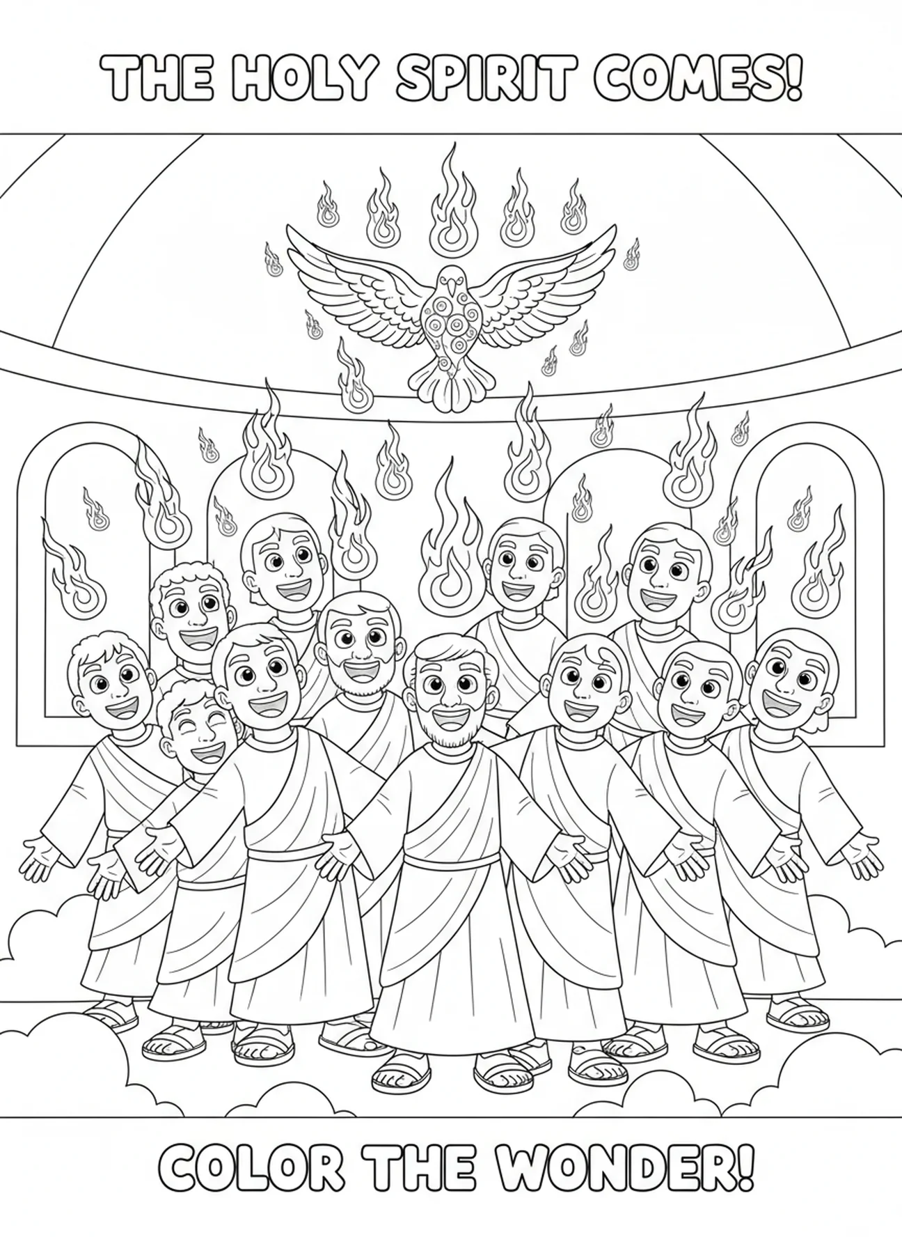 Flames above amazed disciples, Pentecost coloring page for kids age 5-10