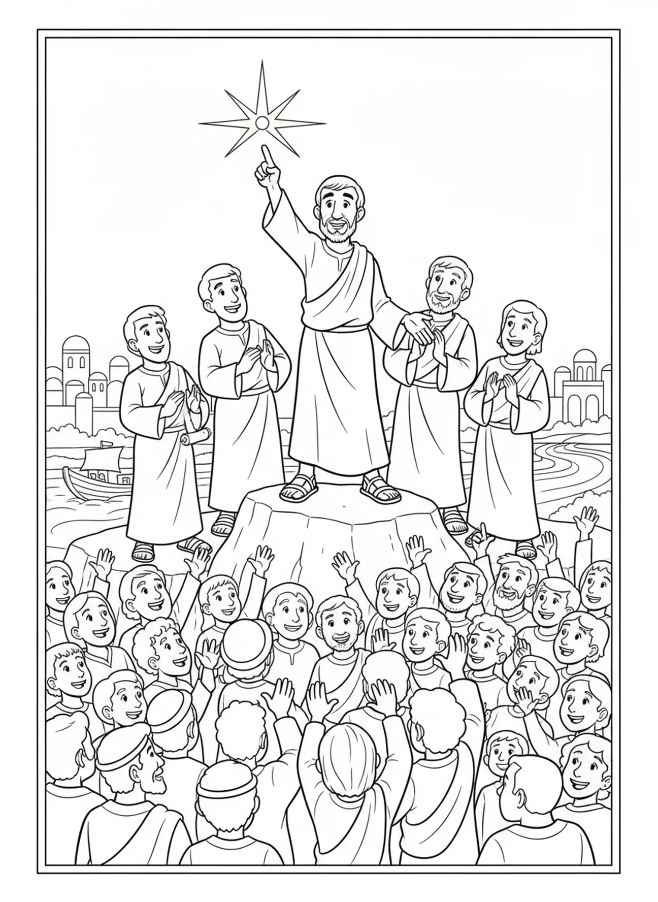Peter addressing a crowd, Pentecost coloring page for kids age 5-10