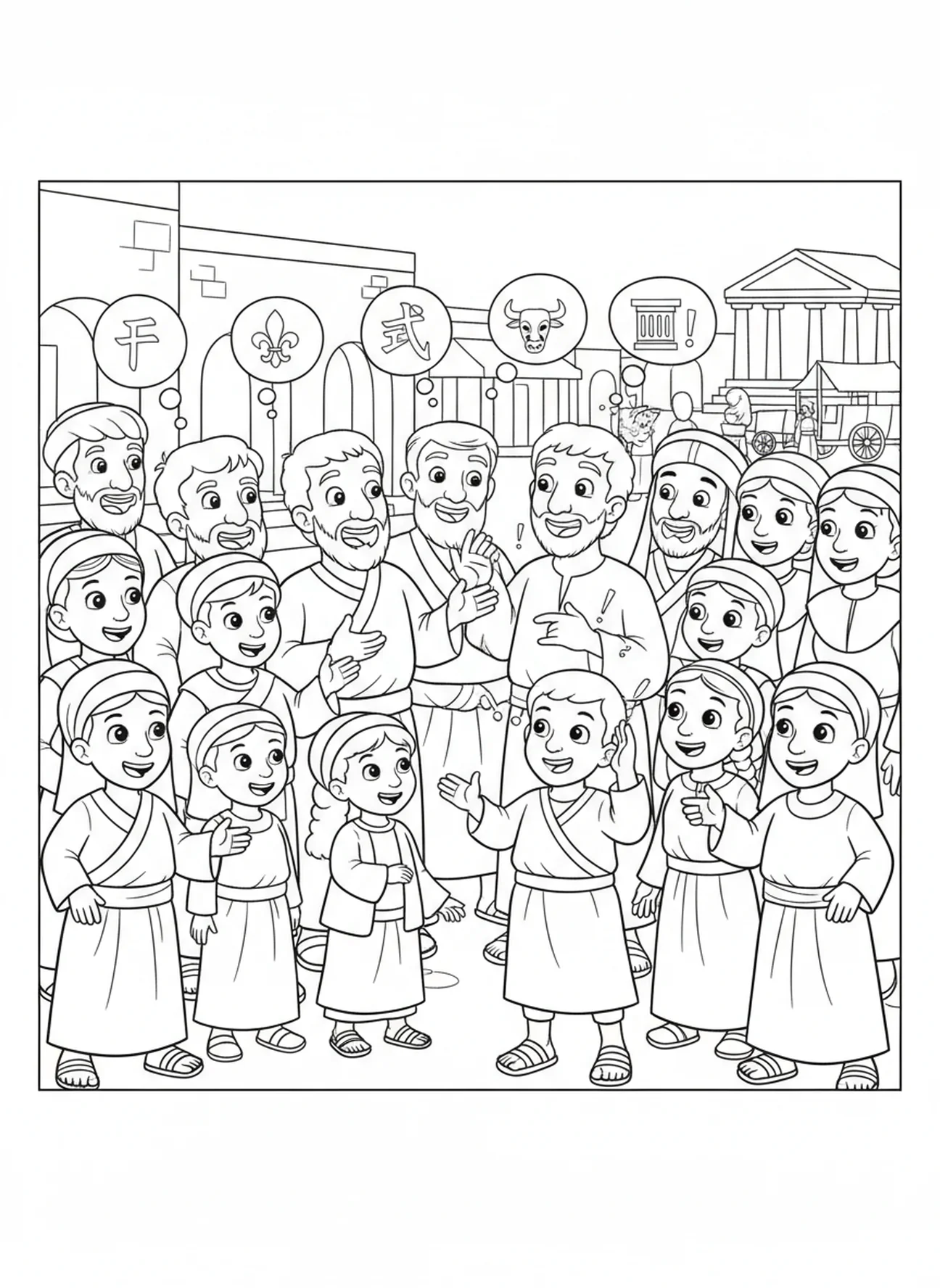 Disciples speaking different languages, Pentecost coloring page for kids age 5-10