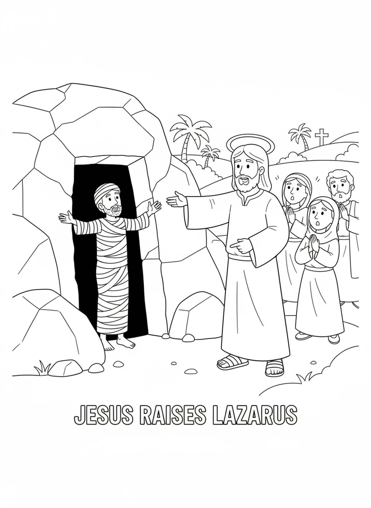 Lazarus kommt aus dem Grab, Ausmalbild von der Auferweckung des Lazarus für Kinder im Alter von 5-10 Jahren