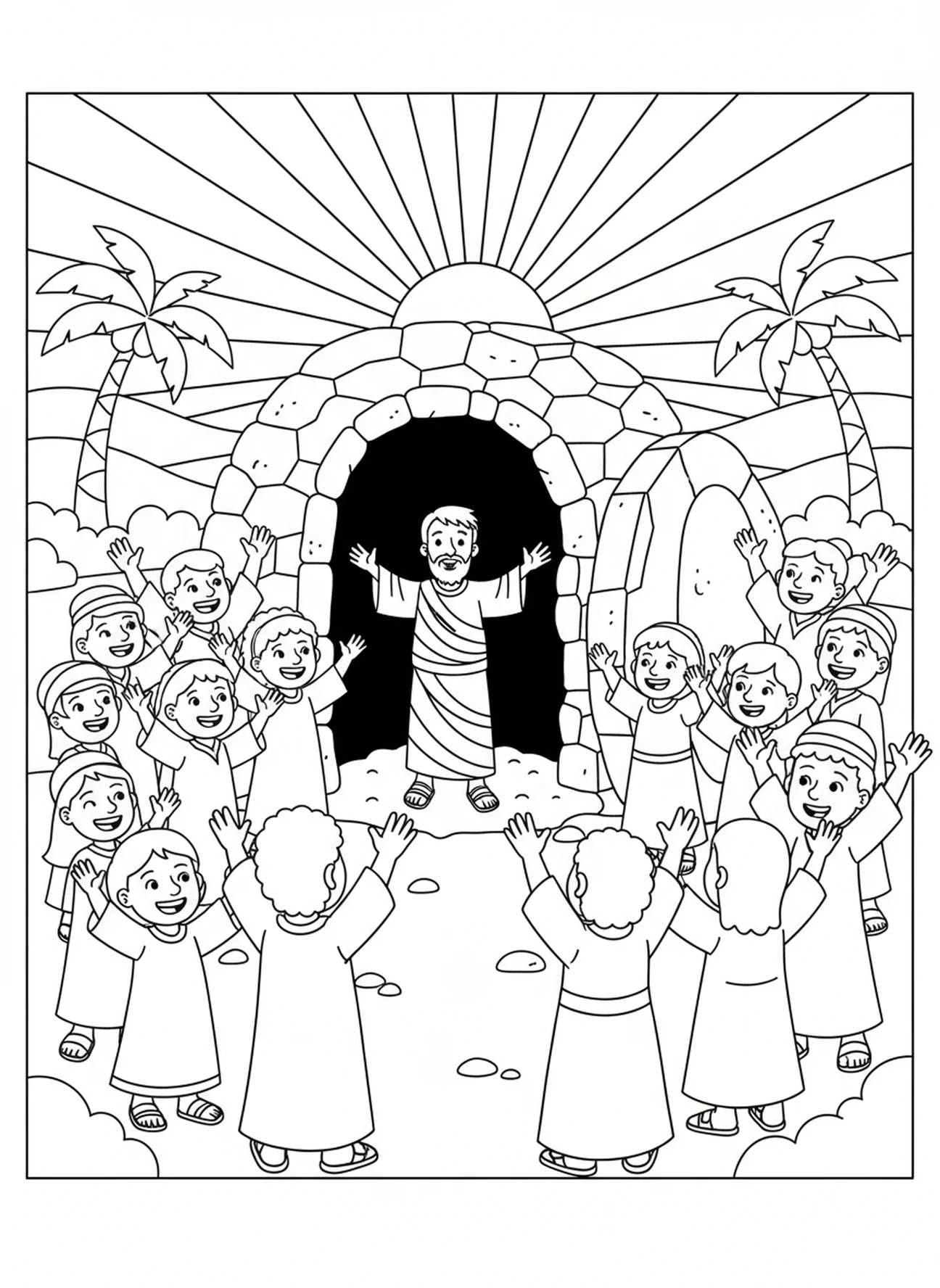 Menschenmenge feiert die Rückkehr des Lazarus, Ausmalbild von Lazarus für Kinder im Alter von 5-10 Jahren