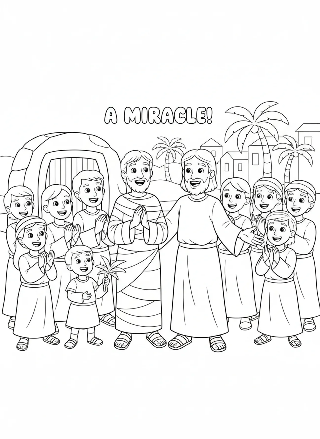 Jesus und Lazarus lächeln zusammen, Ausmalbild für Kinder im Alter von 5-10 Jahren über die Auferweckung des Lazarus