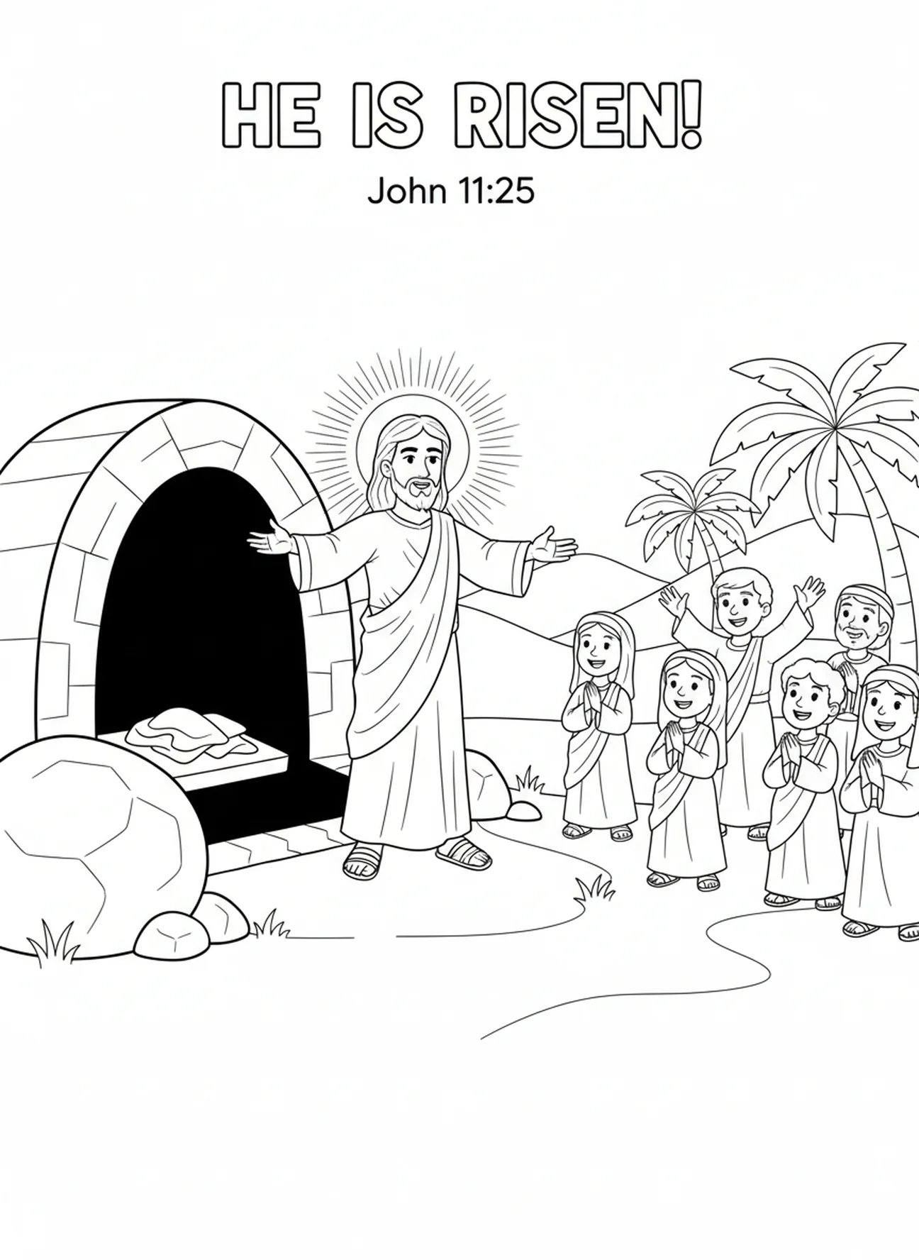 Jesus steht am Grab, Ausmalbild von der Auferweckung des Lazarus für Kinder im Alter von 5-10 Jahren