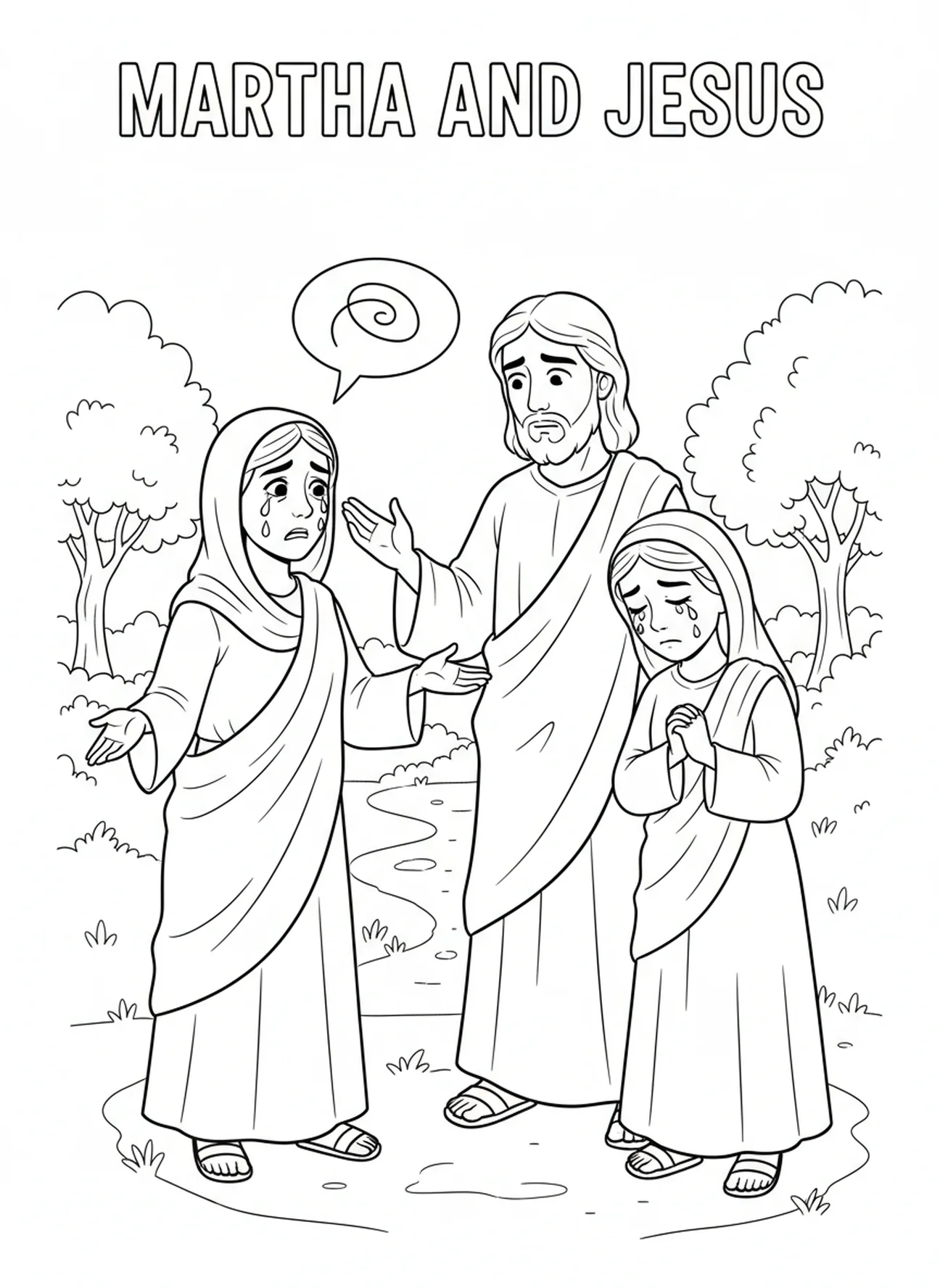 Martha spricht mit Jesus, Ausmalbild über die Auferweckung des Lazarus für Kinder im Alter von 5-10 Jahren