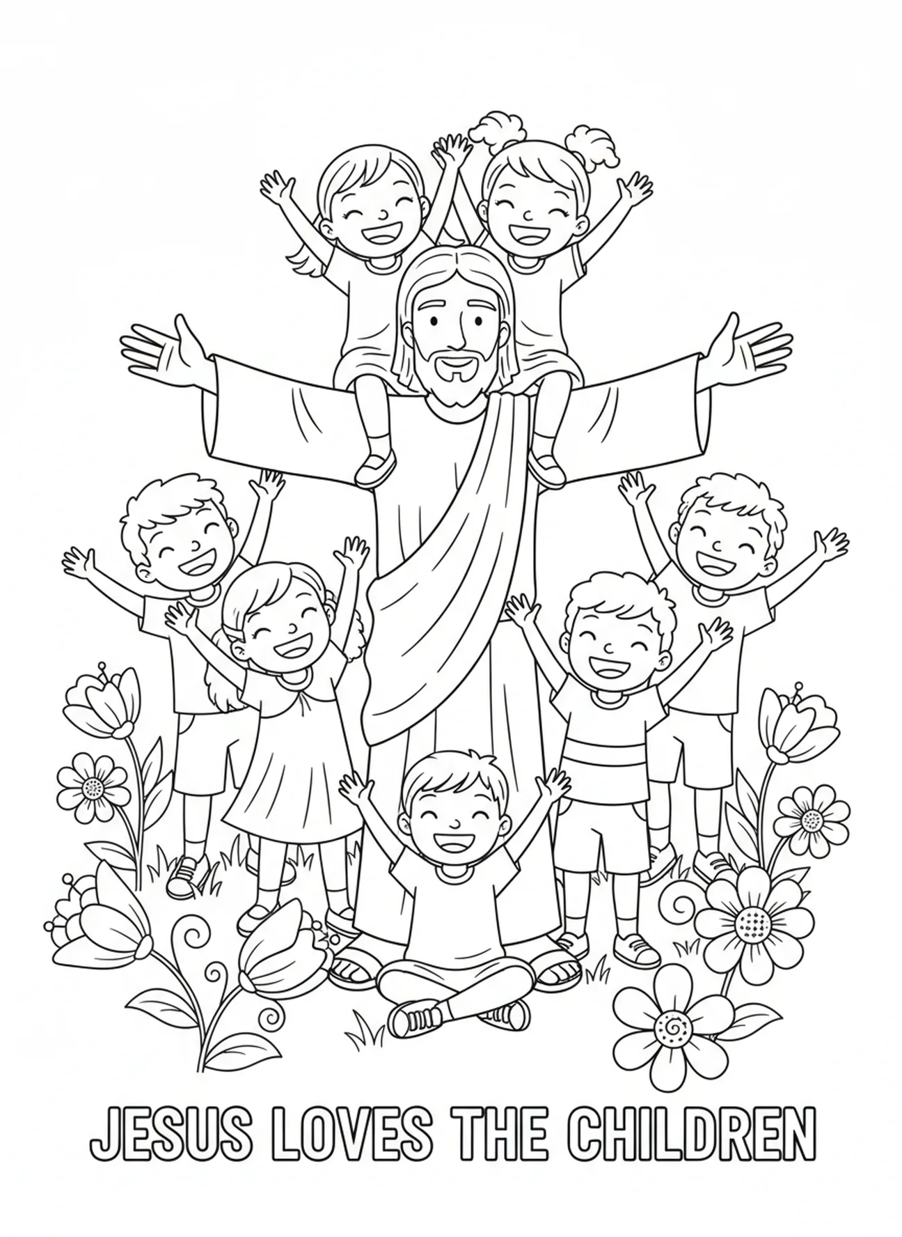 Jesus gesturing blessings, Sermon On Mount coloring page for kids age 5-10