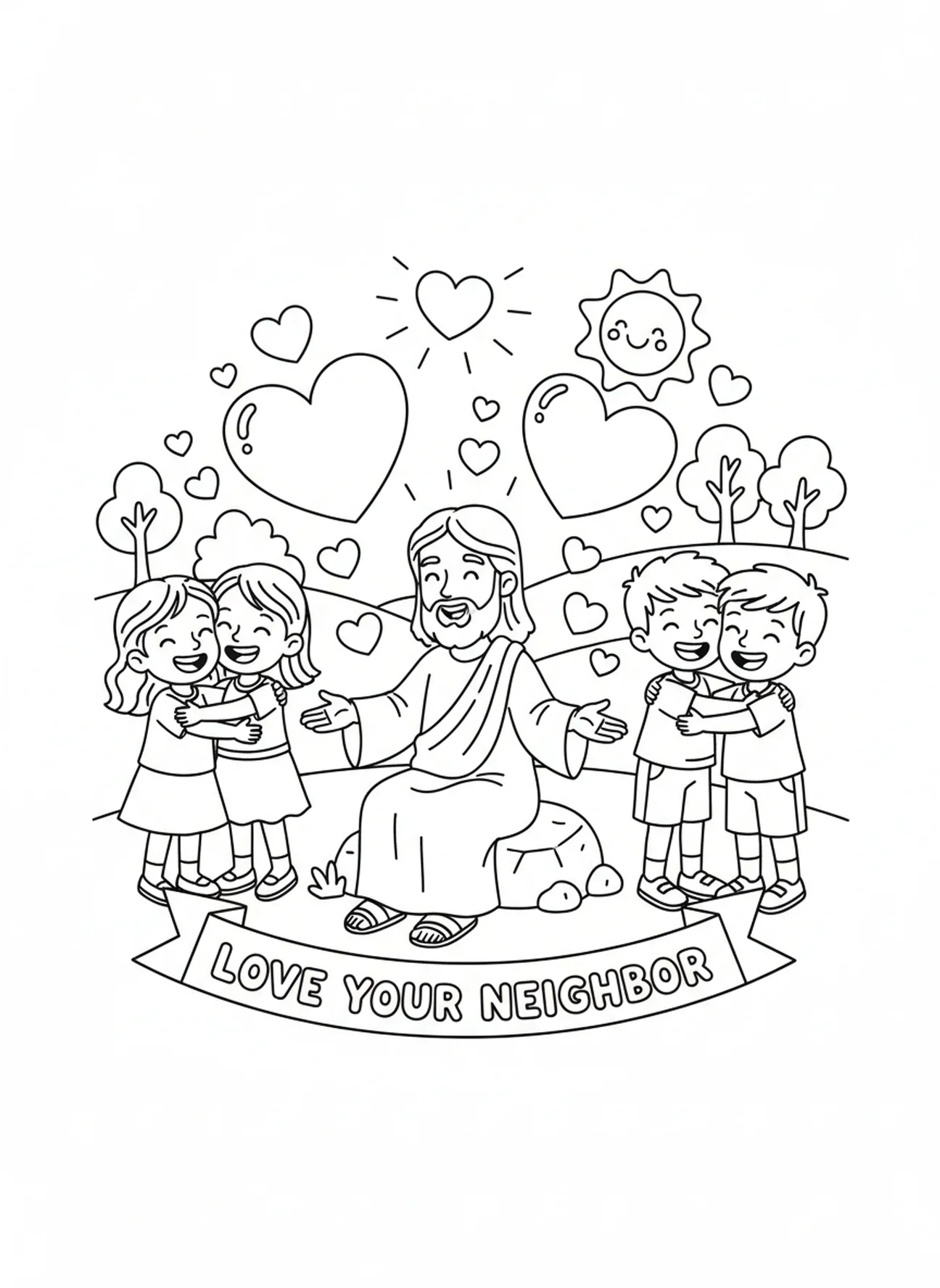 Jesus teaching love for neighbors, Sermon On Mount coloring page for kids age 5-10