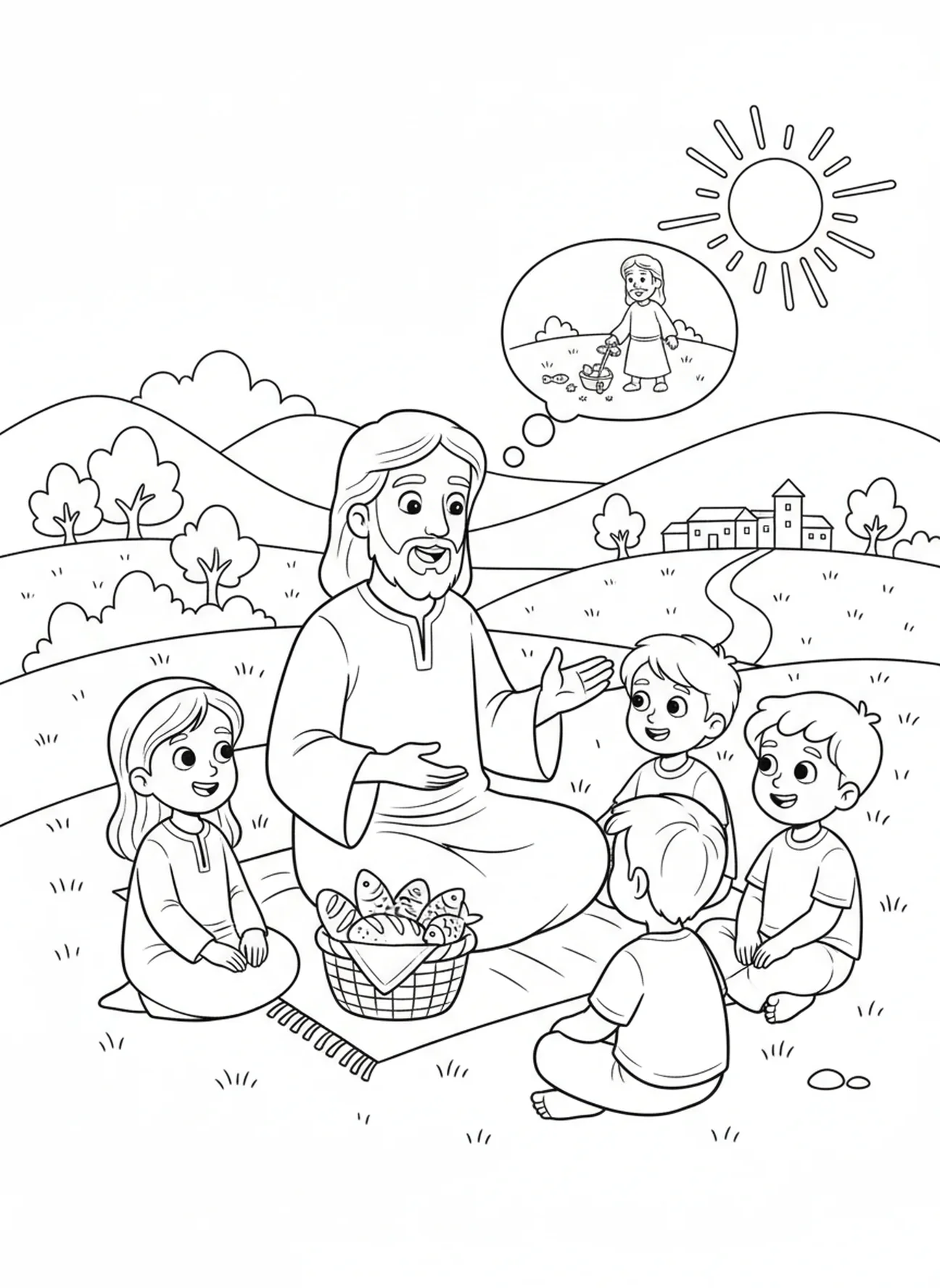 Jesus sharing parables, Sermon On Mount coloring page for kids age 5-10