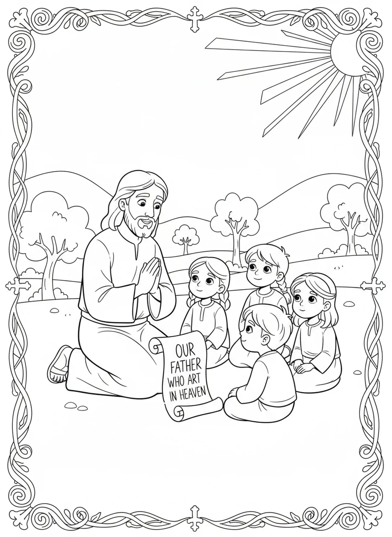 Jesus teaching the Lord's Prayer, Sermon On Mount coloring page for kids age 5-10
