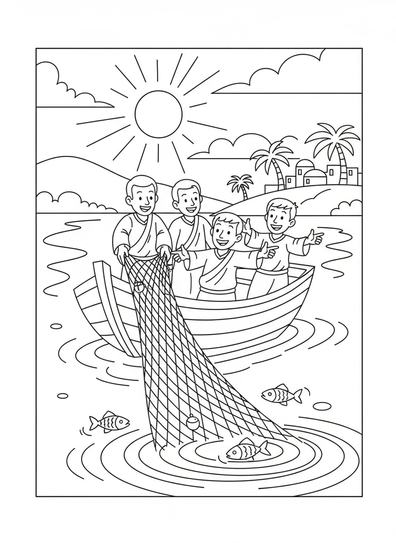 Two disciples fishing, Twelve Disciples coloring page for kids age 5-10.