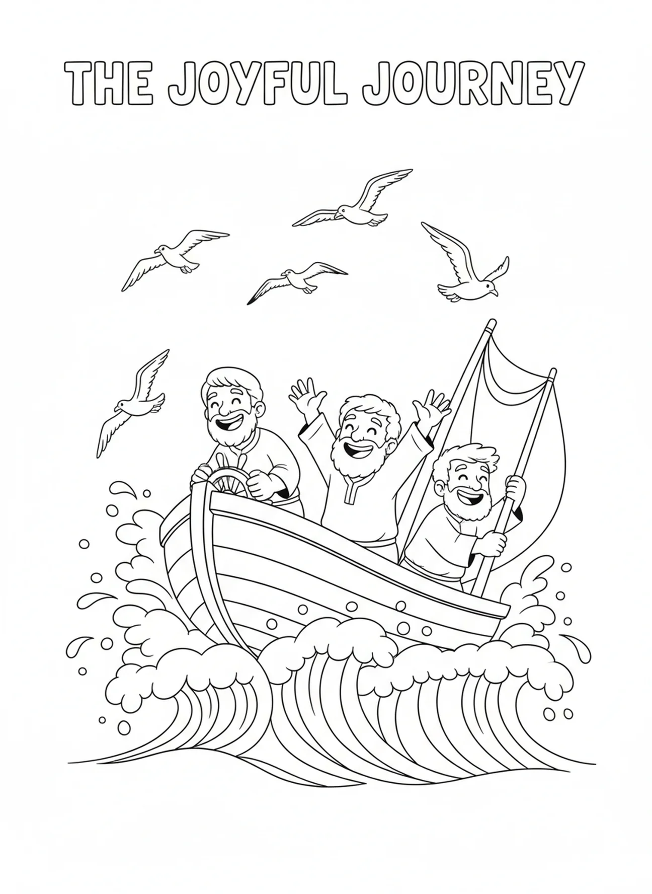 Disciples joyfully sailing in a boat, Twelve Disciples coloring page for kids age 5-10.