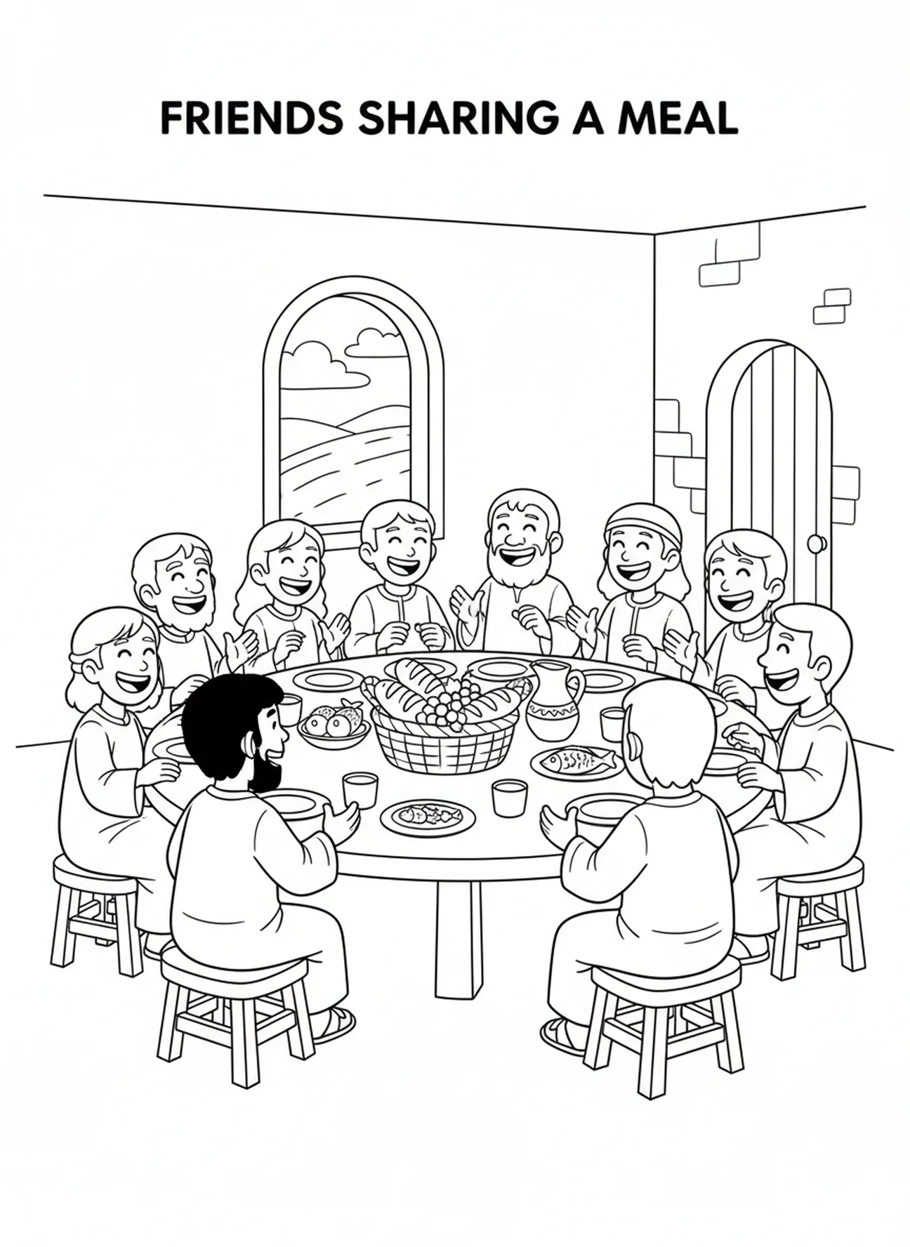 Disciples sharing a meal together, Twelve Disciples coloring page for kids age 5-10.