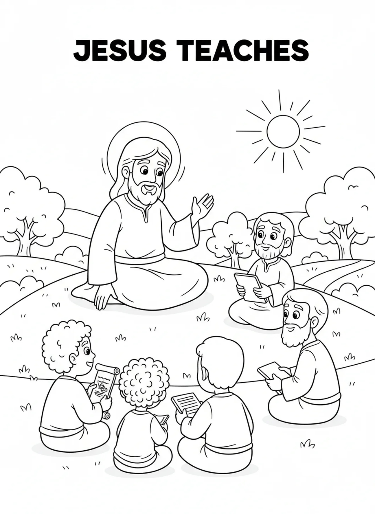 Jesus teaching attentive disciples, Twelve Disciples coloring page for kids age 5-10.
