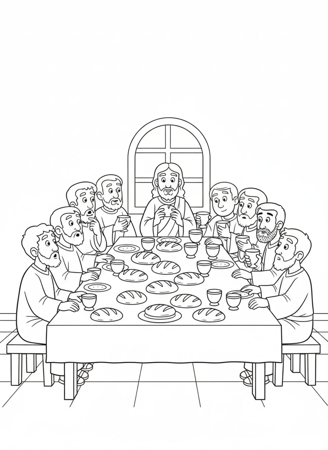 Jesus and twelve disciples at the Last Supper, Twelve Disciples coloring page for kids age 5-10.