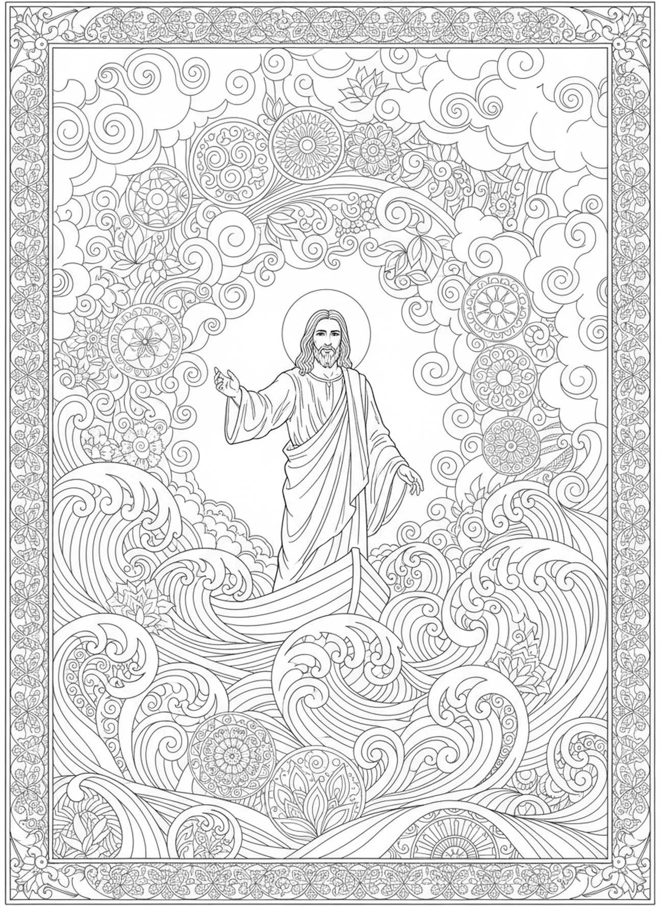Jesus stillt den Sturm, Ausmalbild für Erwachsene im Stil des Bibeljournaling