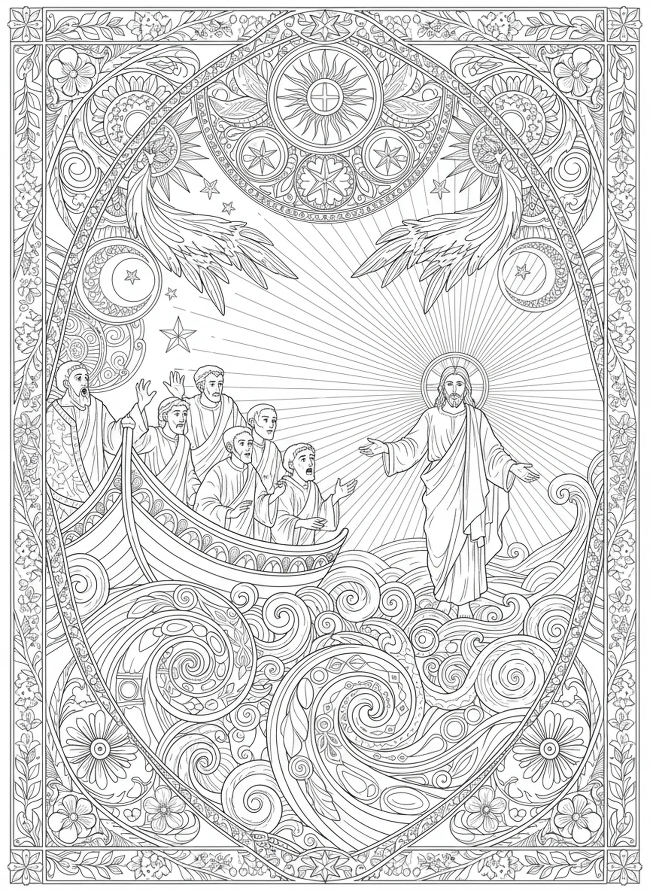Jünger in einem dekorativen Boot, Auf dem Wasser gehen Ausmalbild für Erwachsene im Bibel-Journaling-Stil