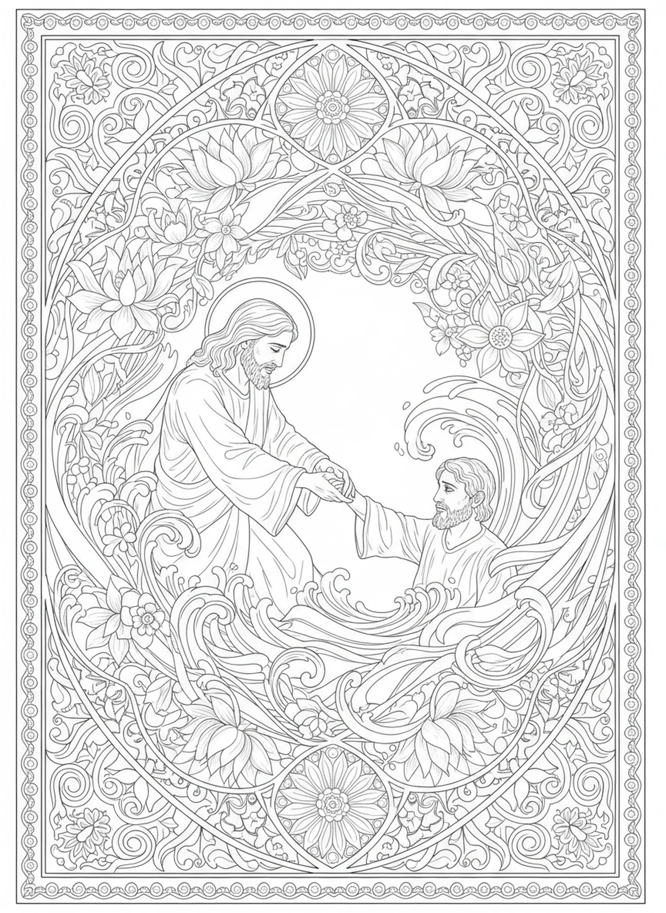 Jesus, der Petrus rettet, Ausmalbild für Erwachsene im Stil des Bibeljournaling