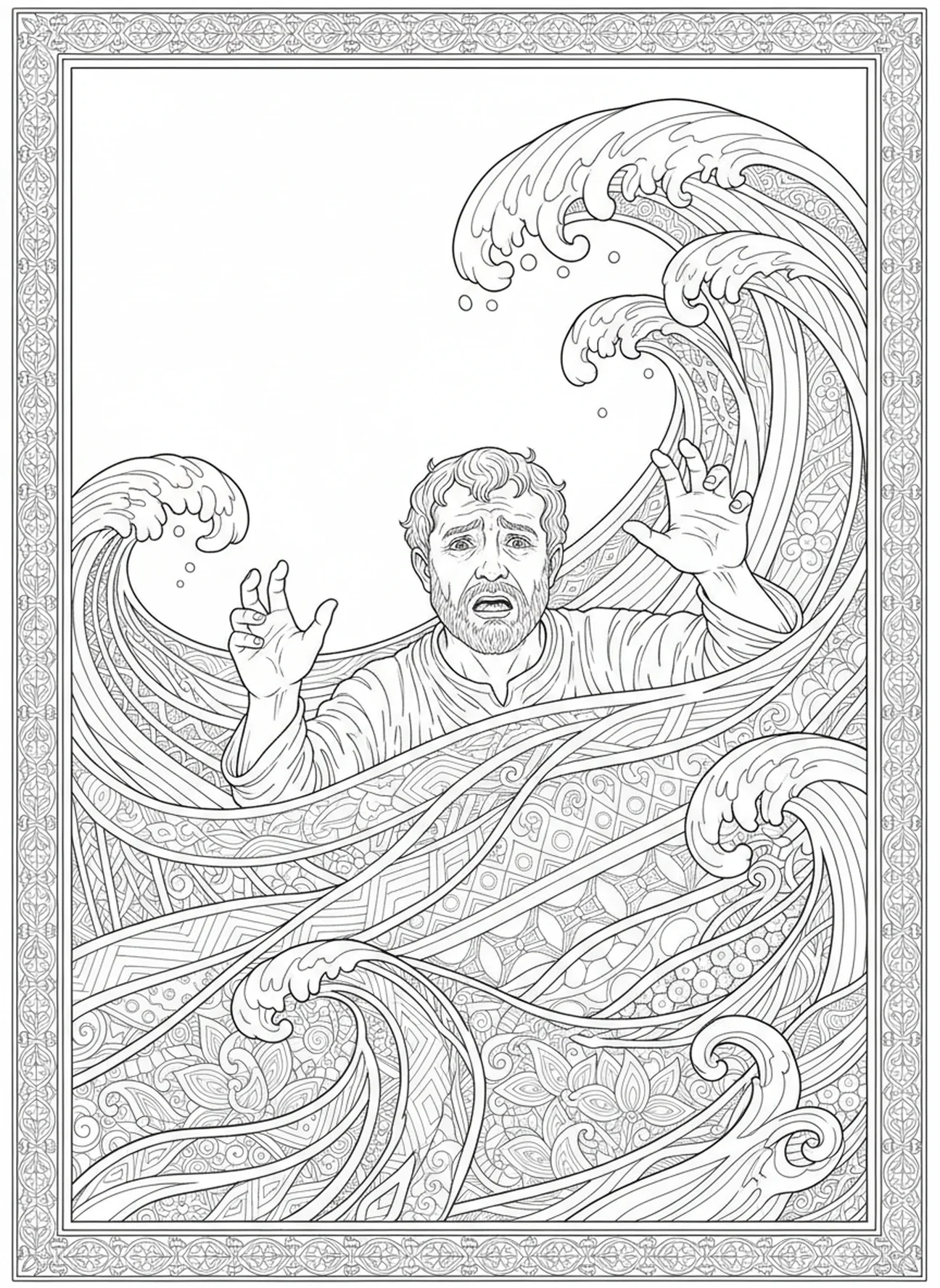 Peter, der ins Wasser sinkt, Ausmalbild zum Thema 'Auf dem Wasser gehen' für Erwachsene im Bibel-Journaling-Stil