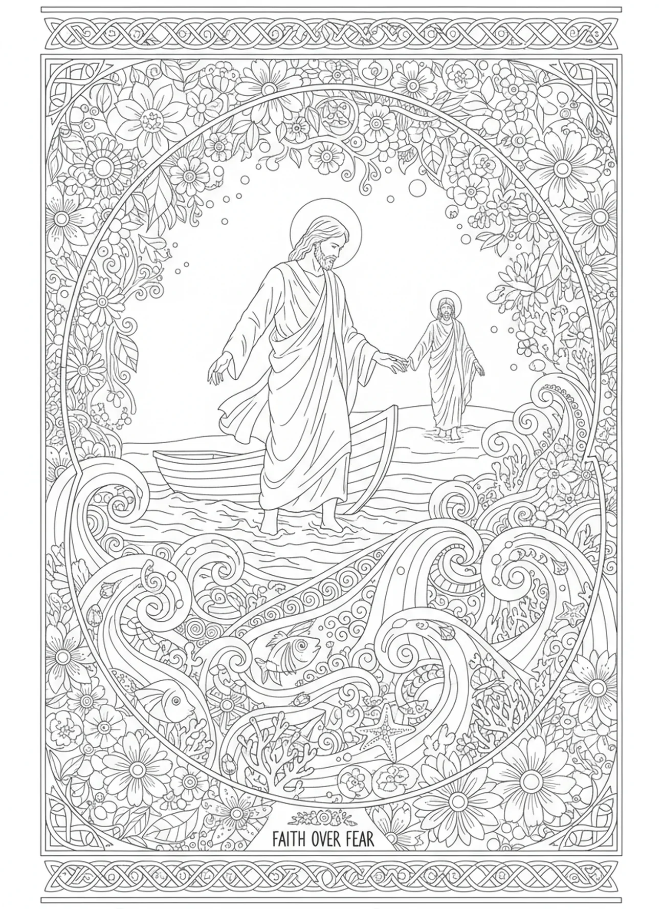 Peter tritt auf das Wasser, Ausmalbild zum Thema 'Auf dem Wasser gehen' für Erwachsene im Stil des Bibeljournaling
