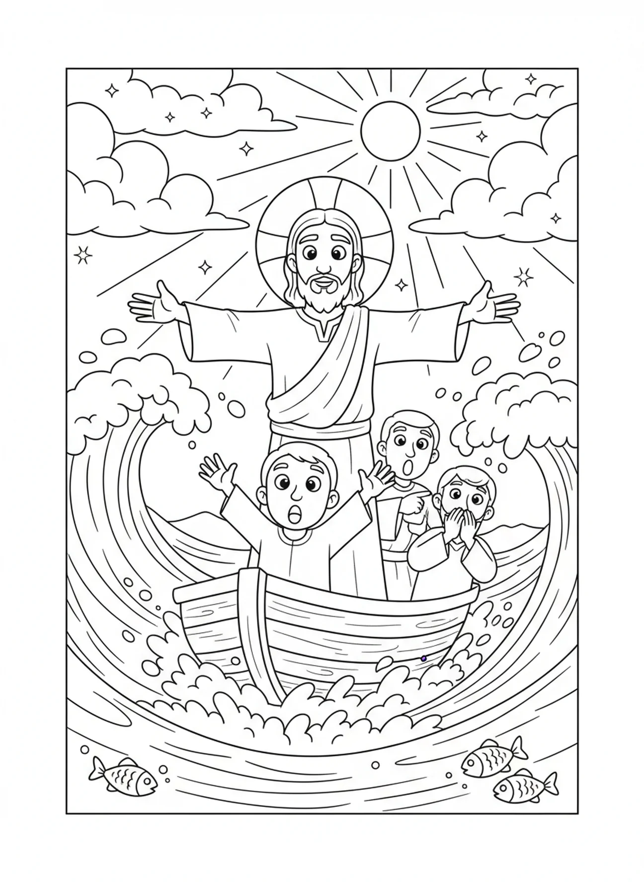 Jesus calming the storm, Walking On Water coloring page for kids age 5-10.