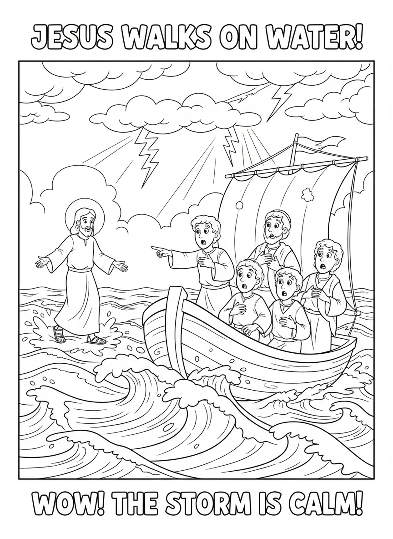 Disciples expressing awe, Walking On Water coloring page for kids age 5-10.
