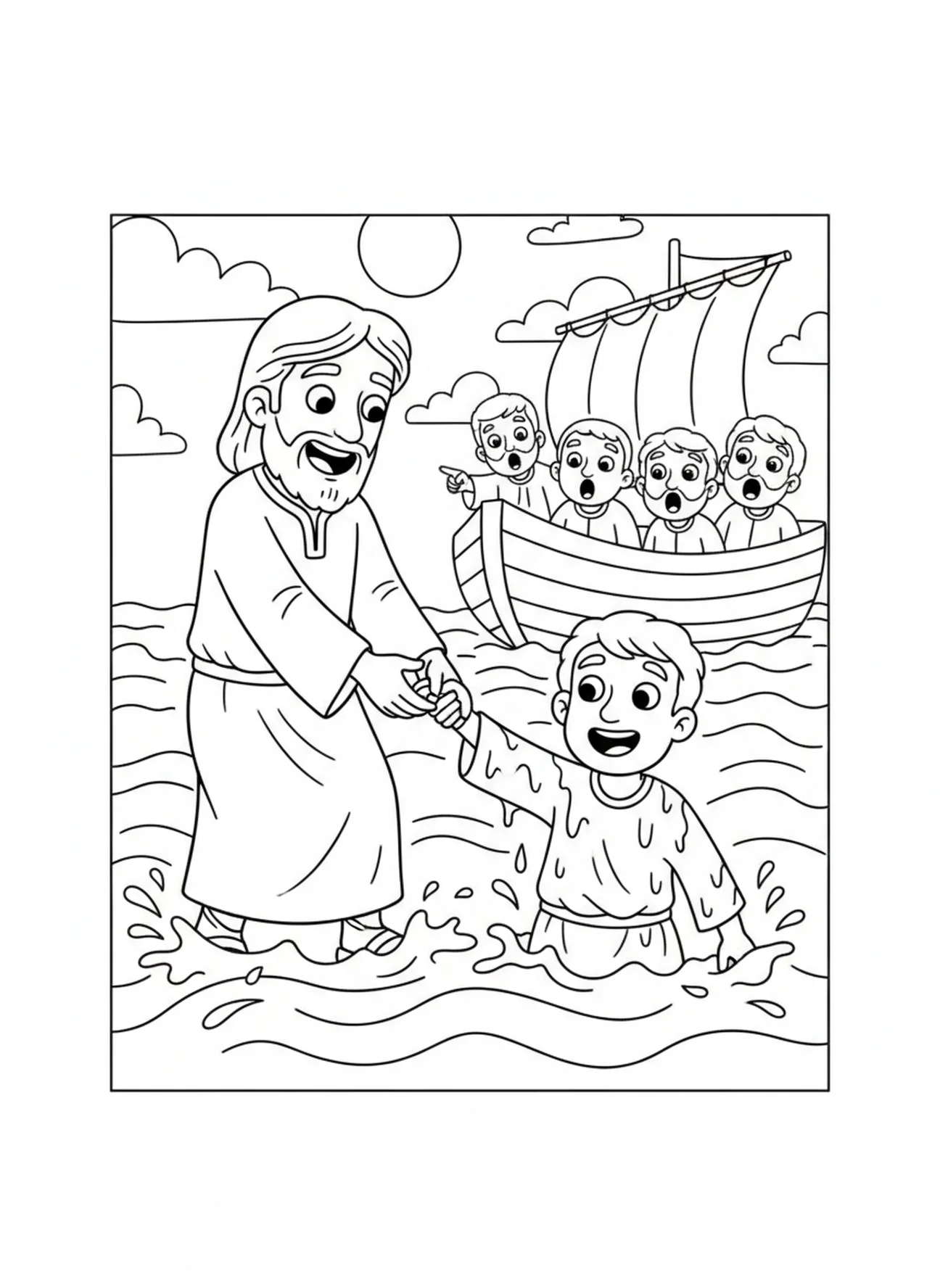 Jesus pulling Peter from the water, Walking On Water coloring page for kids age 5-10.