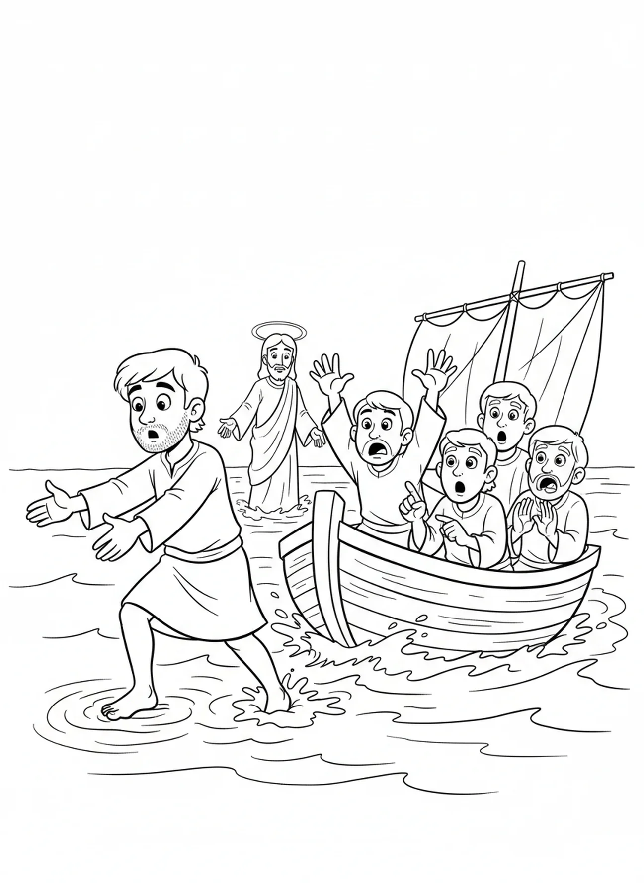 Peter stepping out of the boat, Walking On Water coloring page for kids age 5-10.