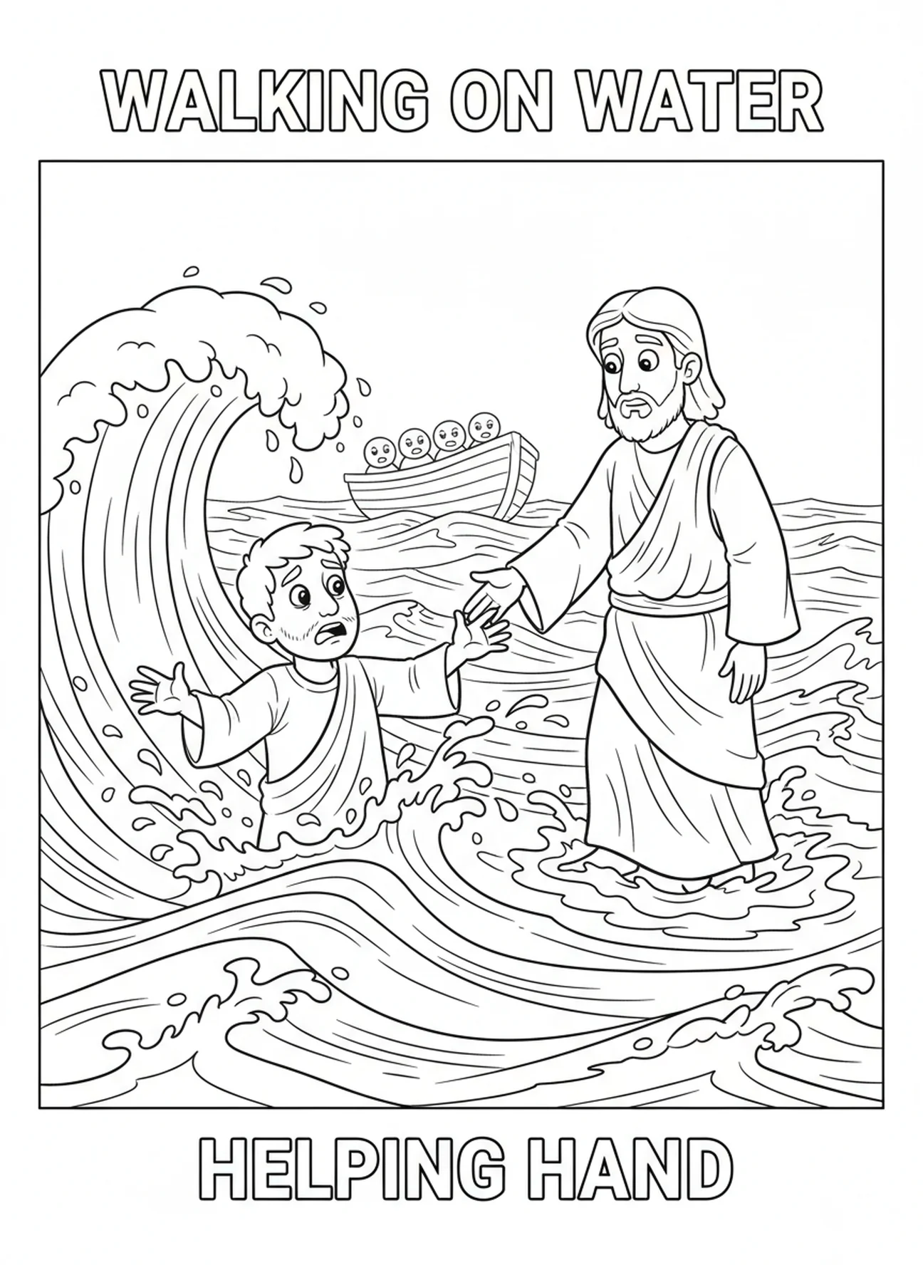 Waves crashing around Peter, Walking On Water coloring page for kids age 5-10.