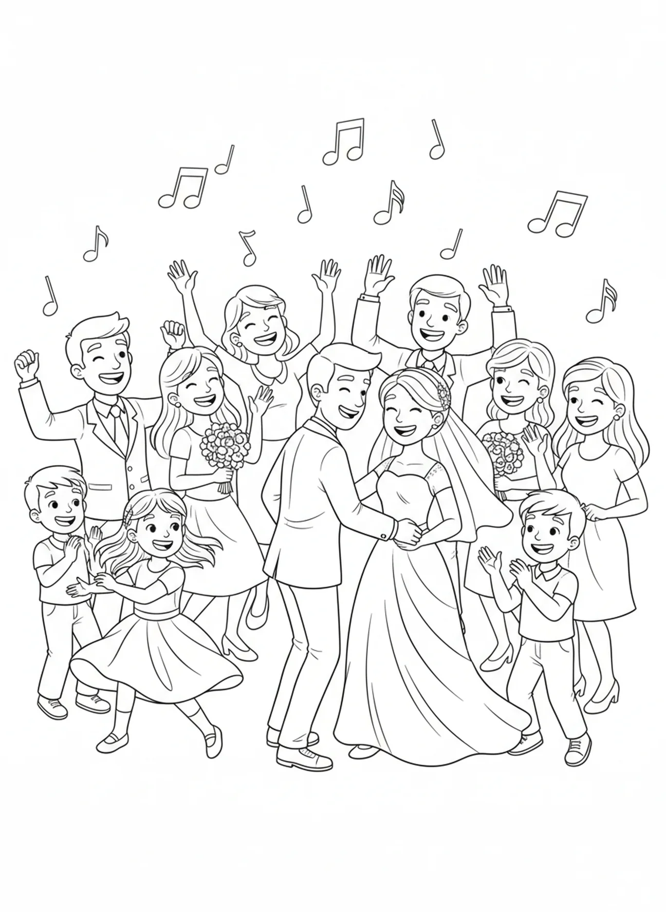 Children and adults dancing joyfully, Wedding At Cana coloring page for kids age 5-10.