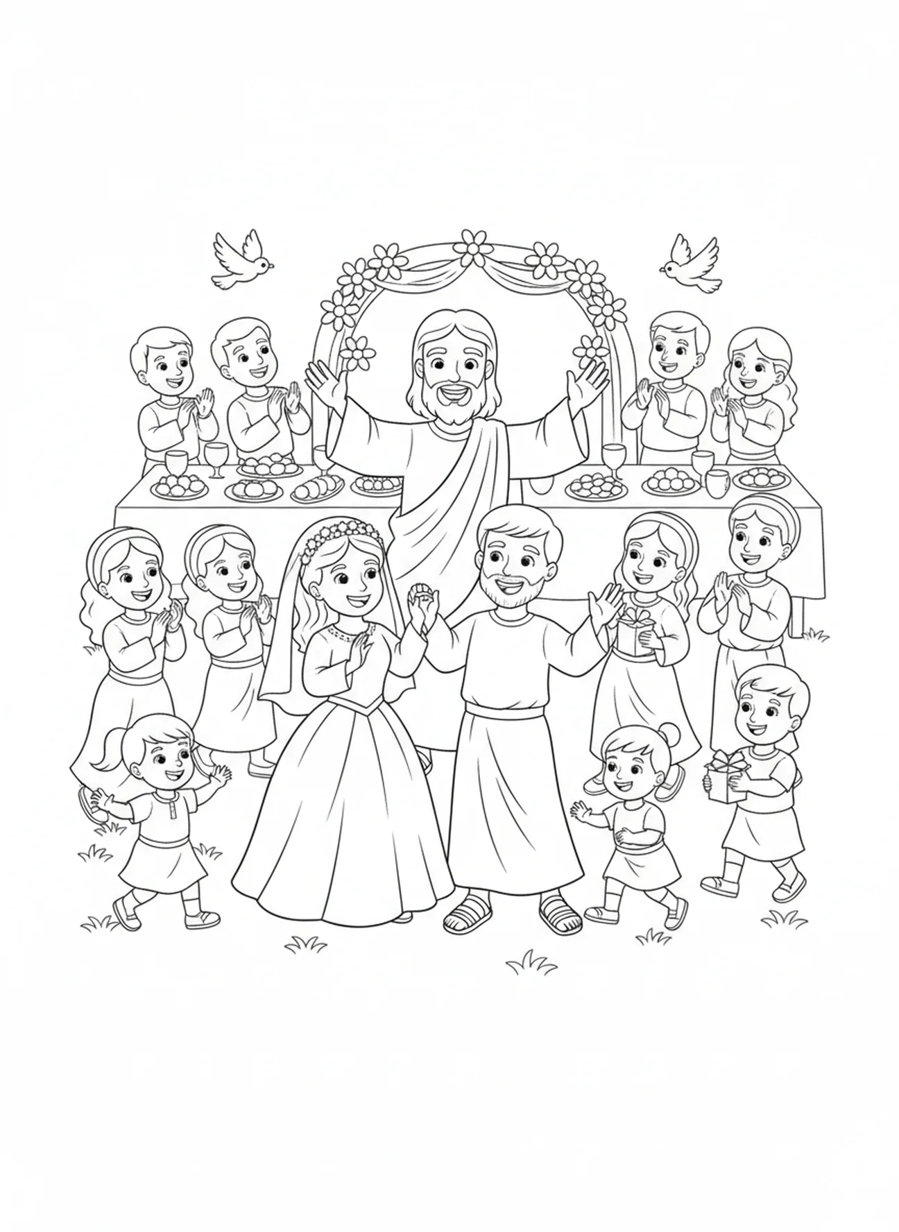 Jesus blessing the celebration, Wedding At Cana coloring page for kids age 5-10.