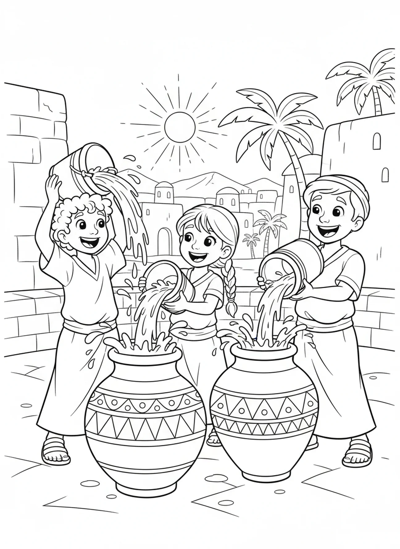 Servants pouring water into jars, Wedding At Cana coloring page for kids age 5-10.