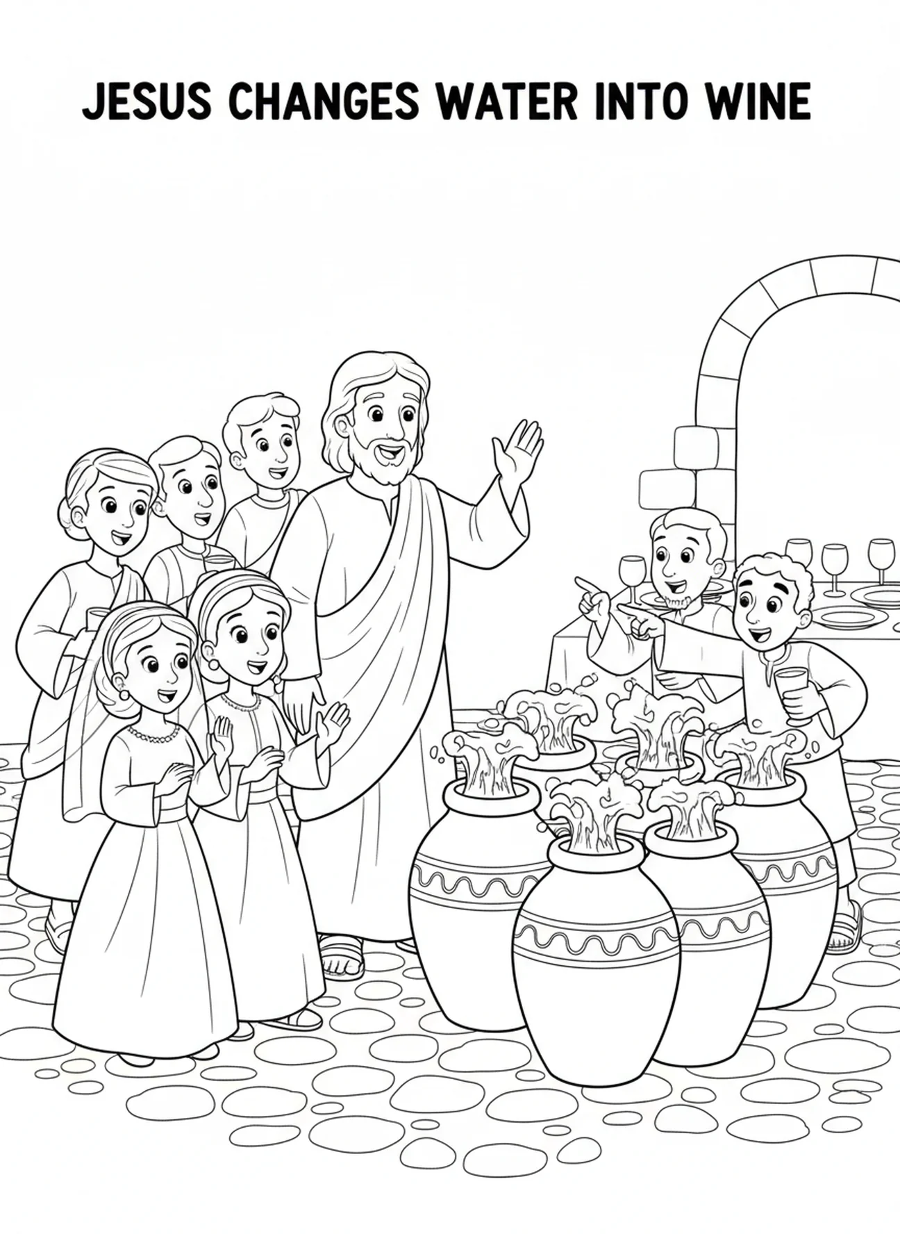 Jesus turning water into wine, Wedding At Cana coloring page for kids age 5-10.