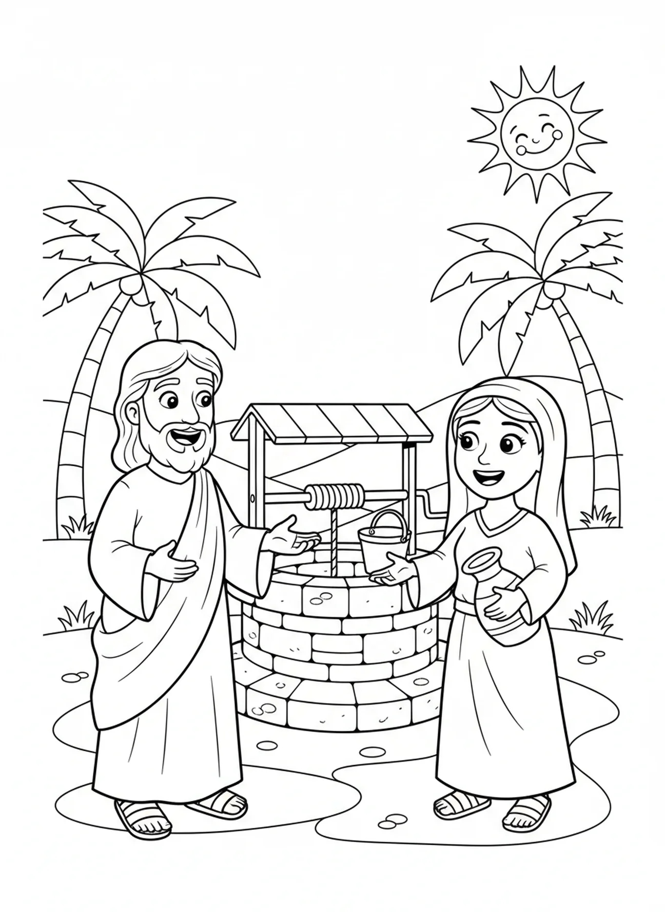 Jesus und die Frau im fröhlichen Gespräch, Ausmalbild zur Frau am Brunnen für Kinder im Alter von 5-10 Jahren.
