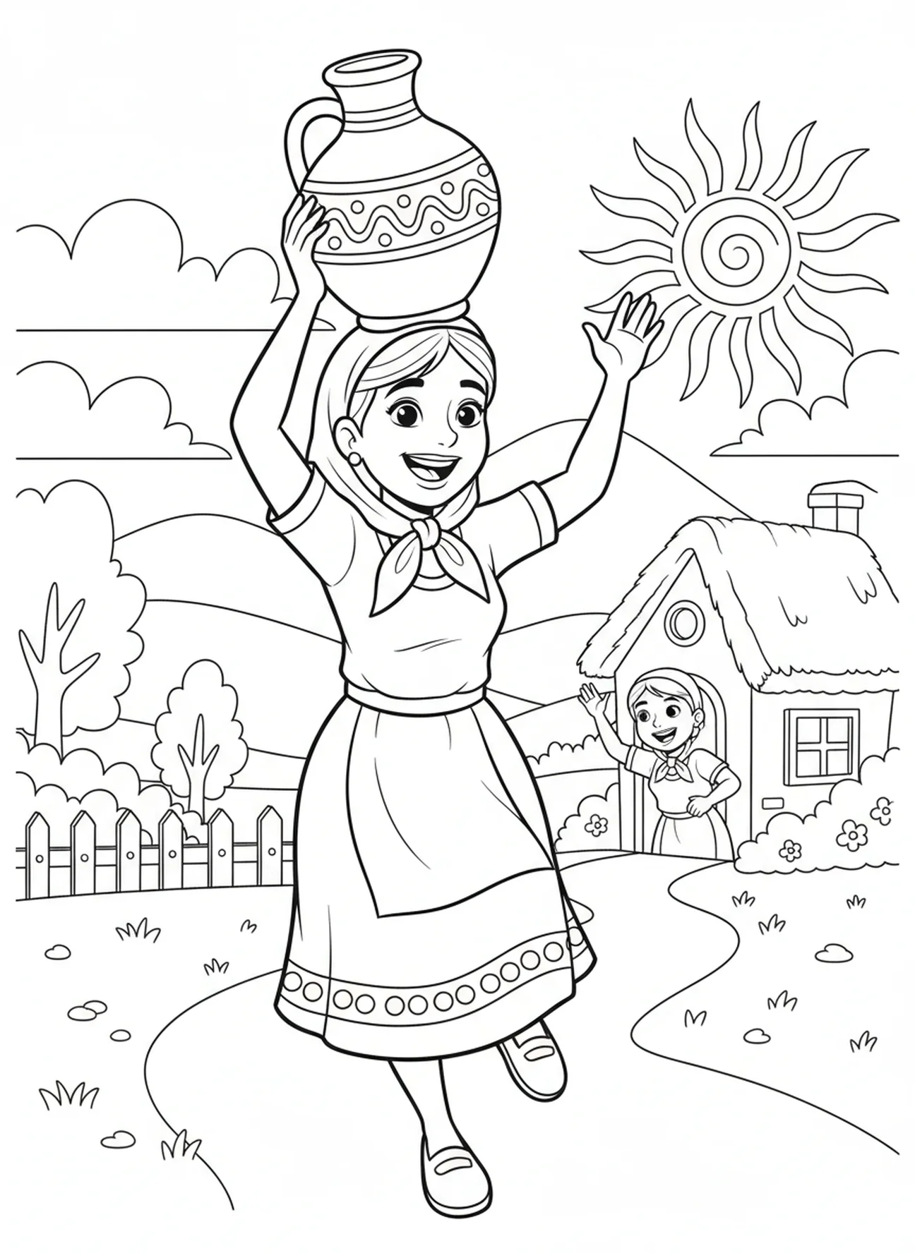 Frau lächelt und geht, Ausmalbild Frau am Brunnen für Kinder im Alter von 5-10 Jahren.