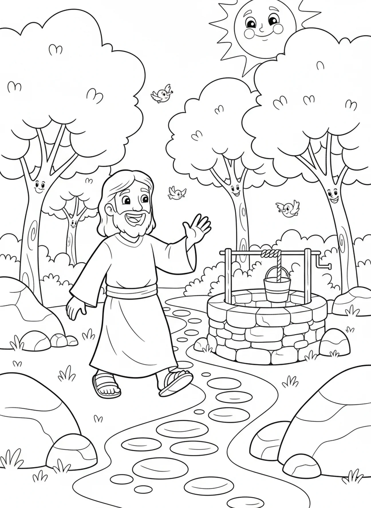Jesus lächelt und winkt, Ausmalbild zur Frau am Brunnen für Kinder im Alter von 5-10 Jahren.