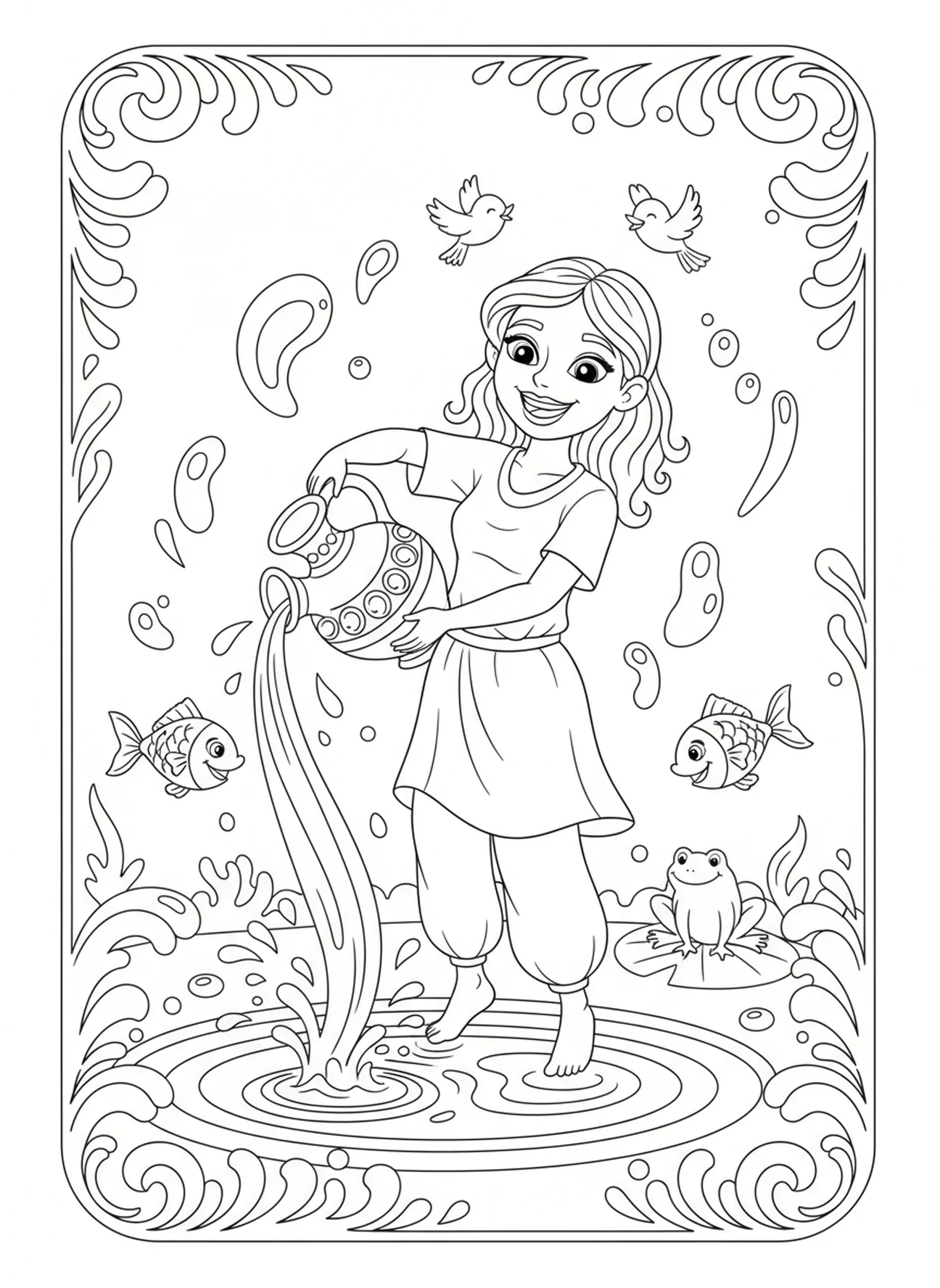 Frau, die Wasser aus einem Krug gießt, Ausmalbild Frau am Brunnen für Kinder im Alter von 5-10 Jahren.