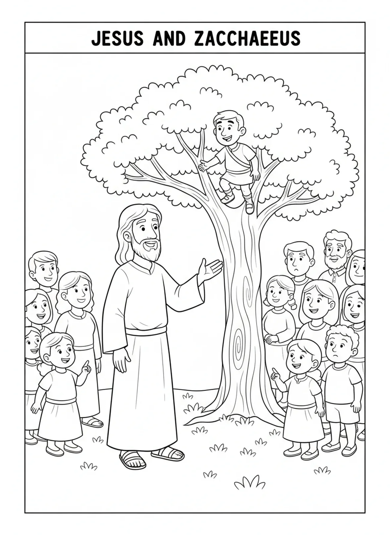 Jesus smiling at Zacchaeus in a tree, Zacchaeus coloring page for kids age 5-10
