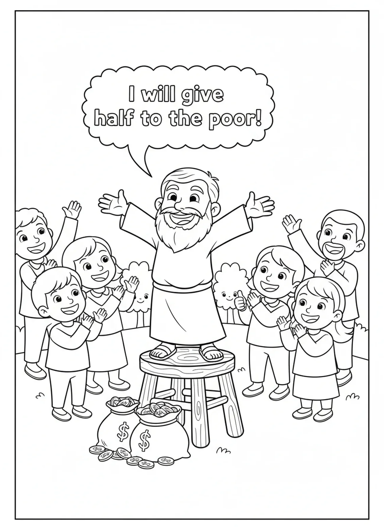 Zacchaeus promising to help the poor, Zacchaeus coloring page for kids age 5-10