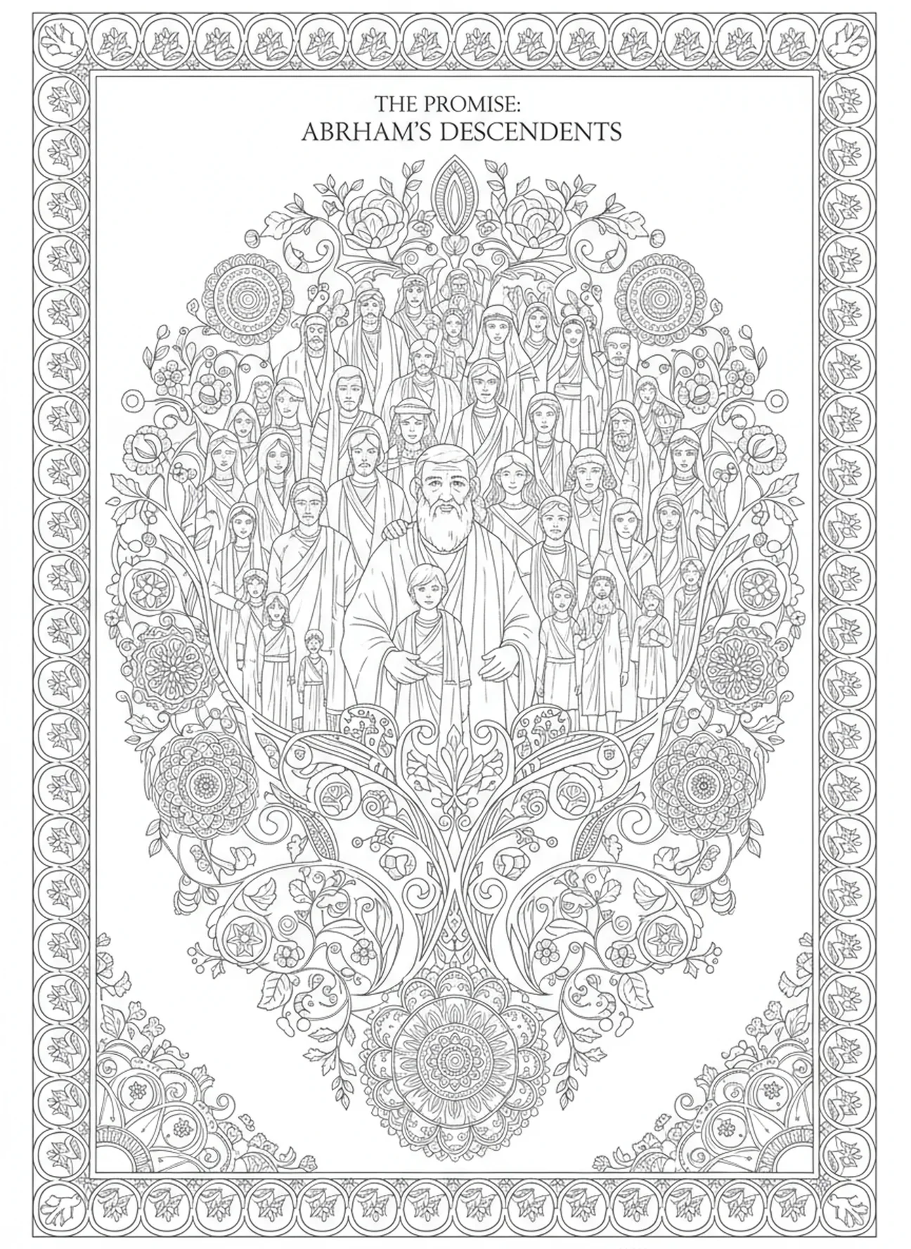 Abraham mit seinen Nachkommen, Ausmalbild von Abraham für Erwachsene im Stil des Bibel-Journalings