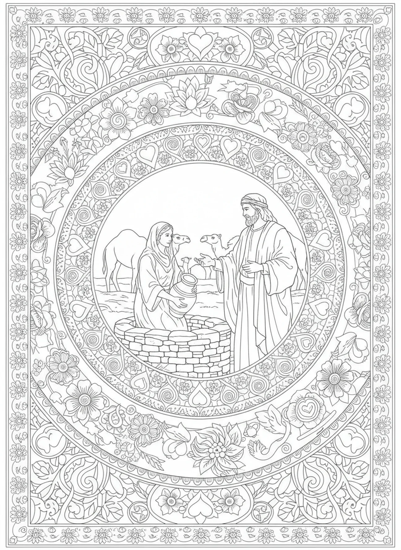 Isaak trifft Rebekka an einem Brunnen, Ausmalbild für Erwachsene im Bibel-Journaling-Stil
