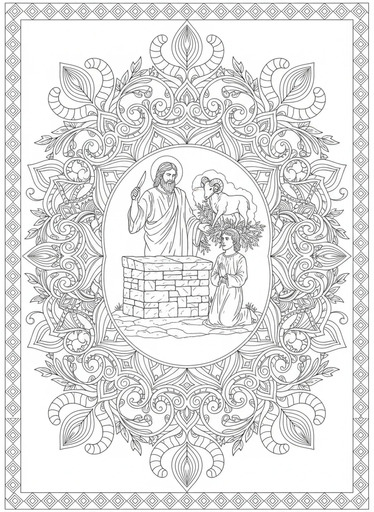 Abraham bereitet sich darauf vor, Isaak zu opfern, Ausmalbild für Erwachsene im Bibel-Journaling-Stil