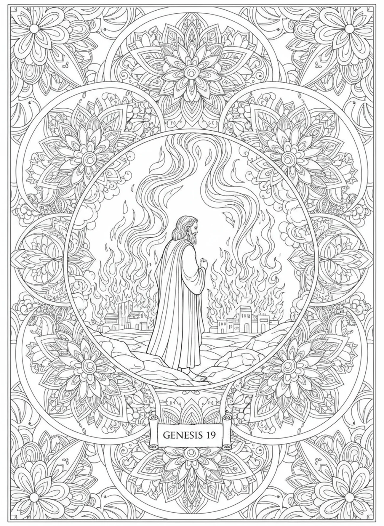 Abraham beobachtet die Zerstörung von Sodom und Gomorra, Ausmalbild für Erwachsene im Stil des Bibel-Journalings