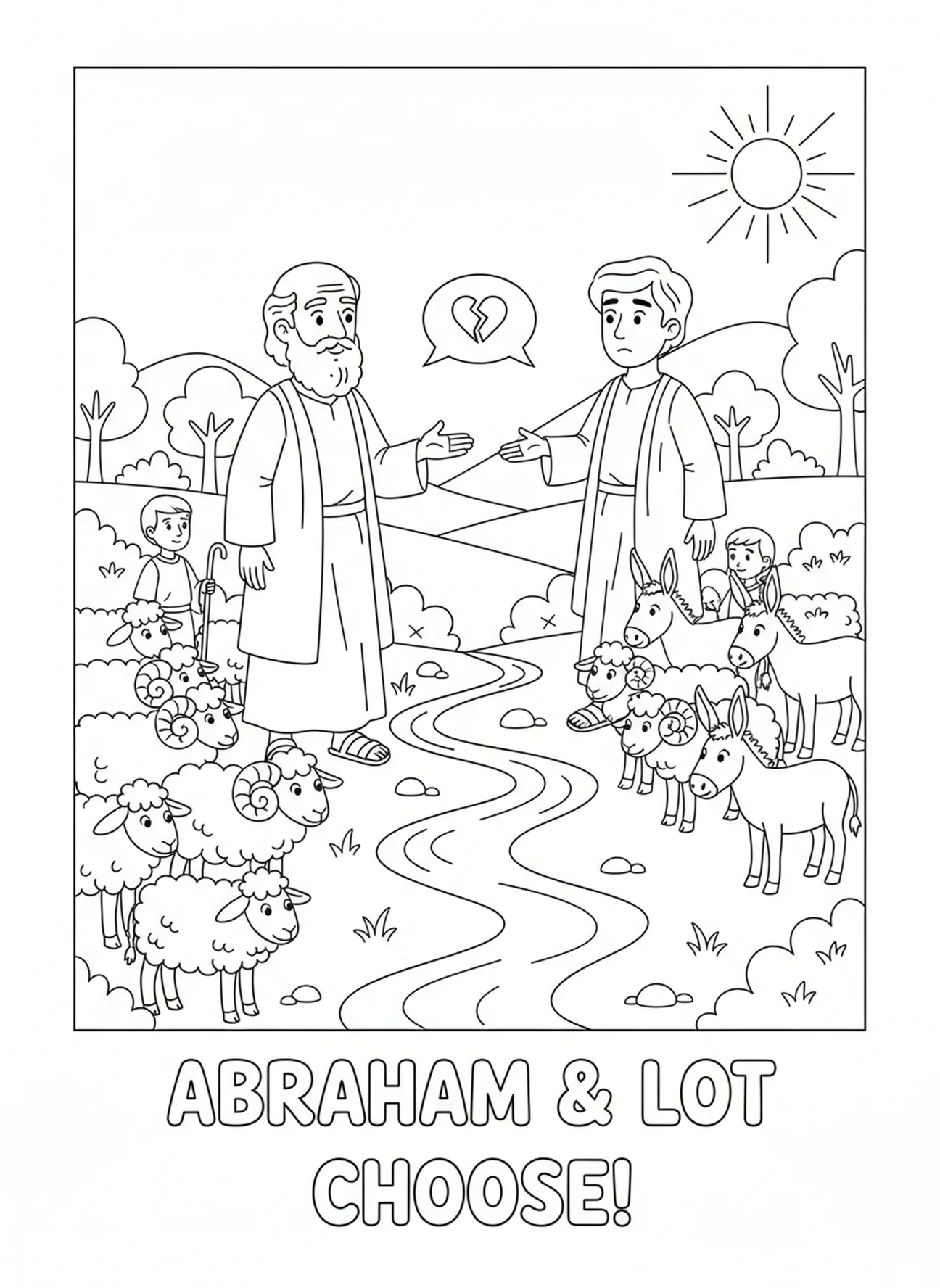 Abraham and Lot discussing separation, Abraham coloring page for kids age 5-10