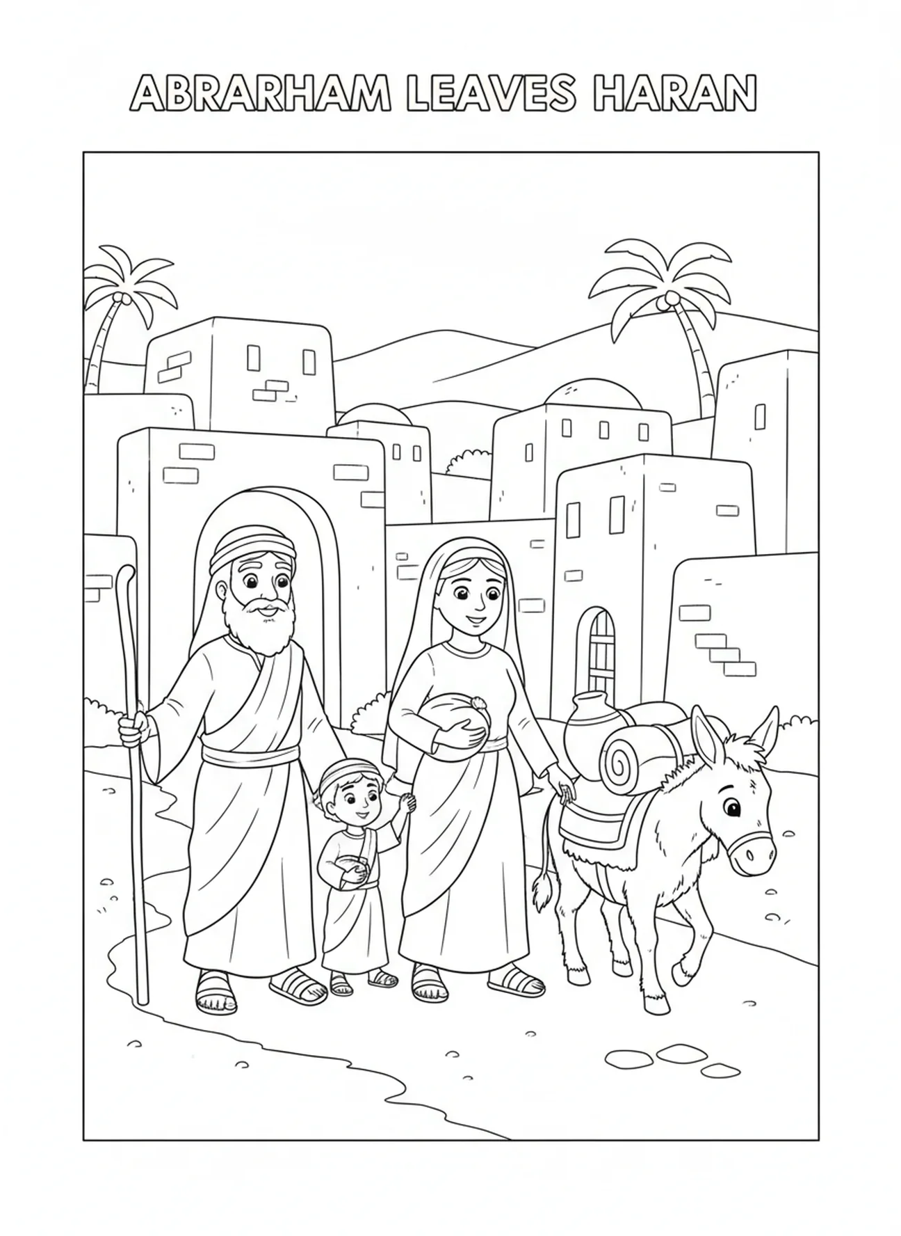 Abraham walking with family, Abraham coloring page for kids age 5-10
